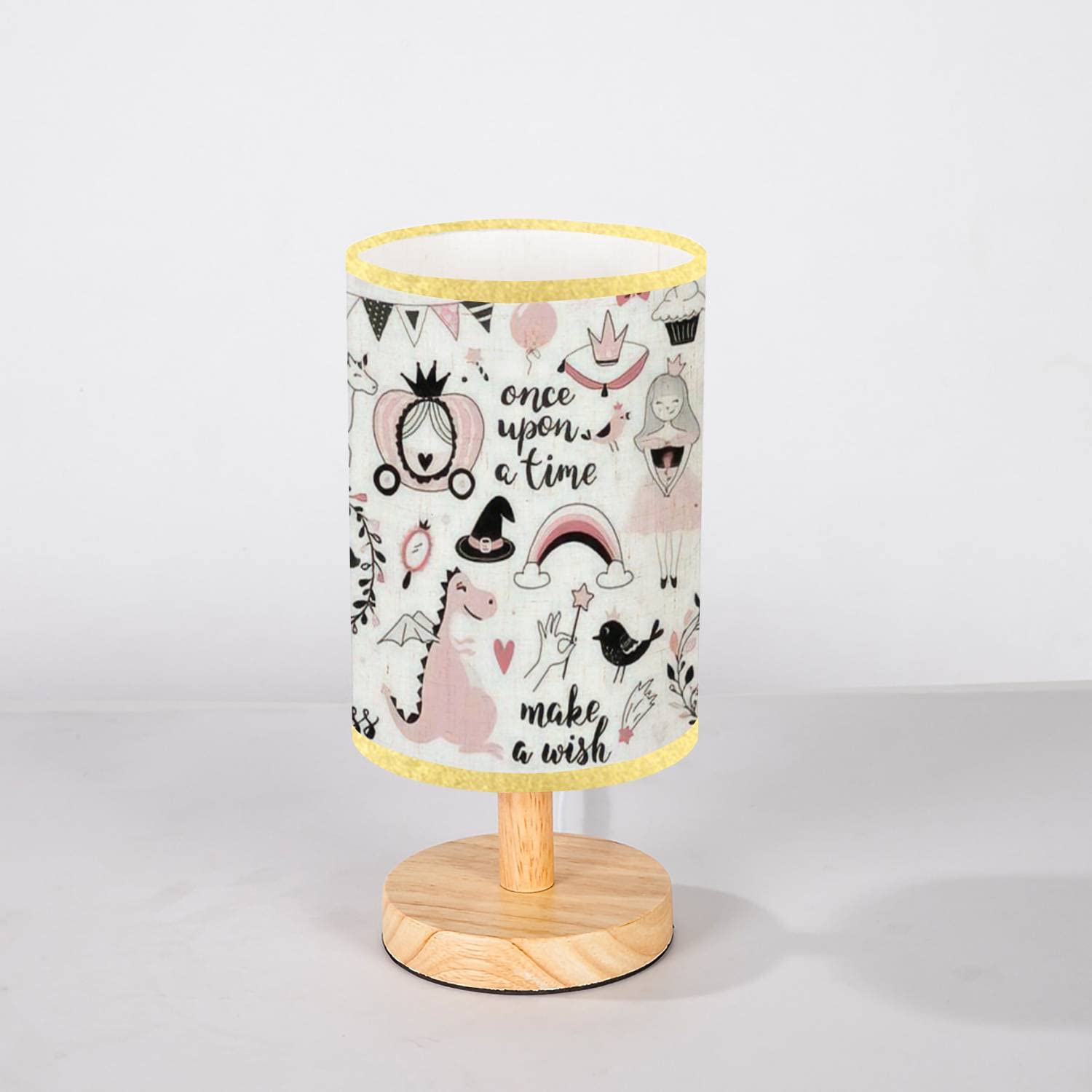 Minimalist Wooden Nightstand Lamp with Princess Design, Calligraphy & Crown Icons - Flaxen Fabric Shade for Bedroom, Living Room, Nursery | Perfect for Reading, Relaxing & Creating Cozy Ambiance