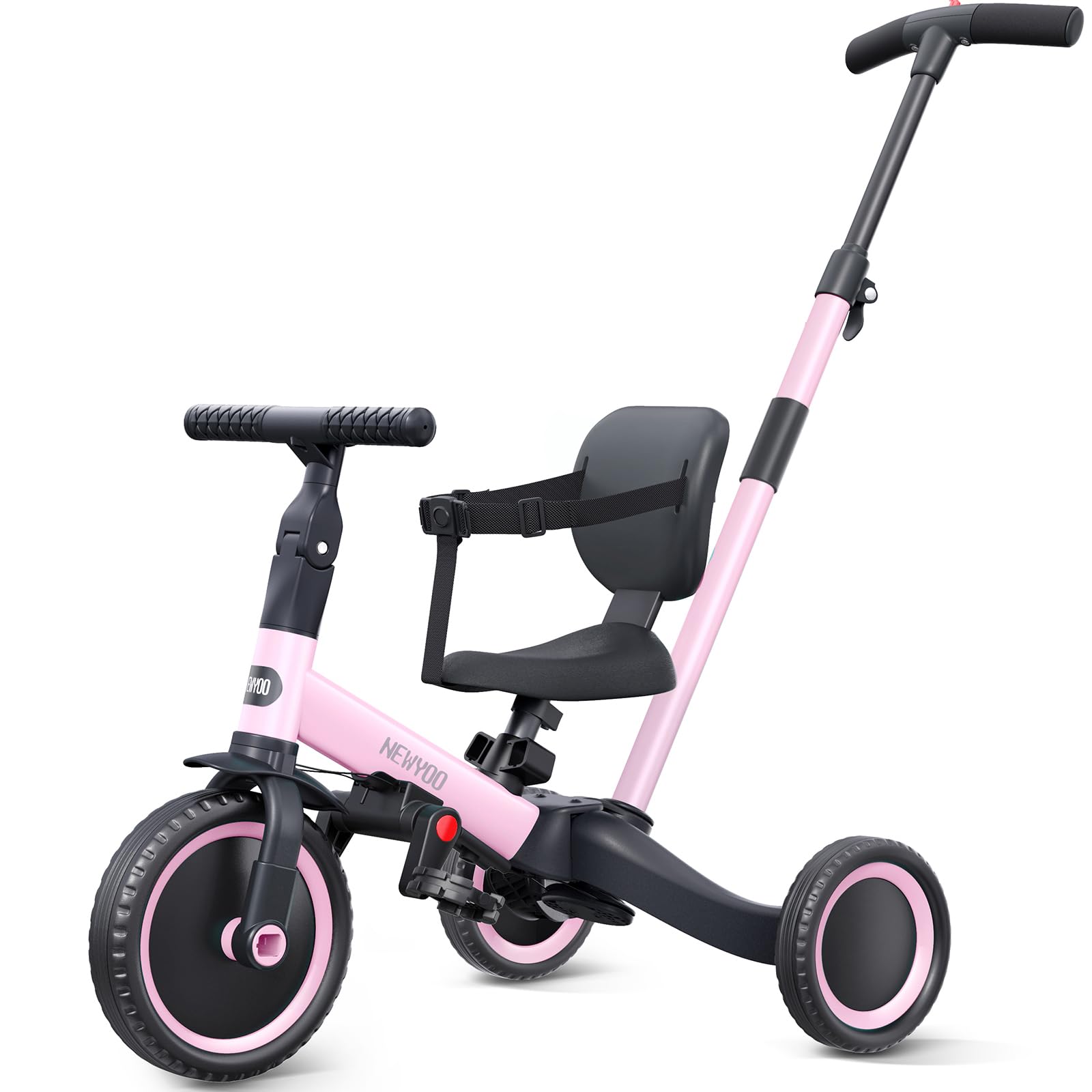 Newyoo Toddler Tricycle for 1-3 Year Old Kids - Adjustable Push Handle, Safety Belt & Backrest - Pink Balance Learning Bike TR007 - Perfect Birthday Gift for Boys & Girls - Indoor & Outdoor Play, Park Rides, Backyard Fun
