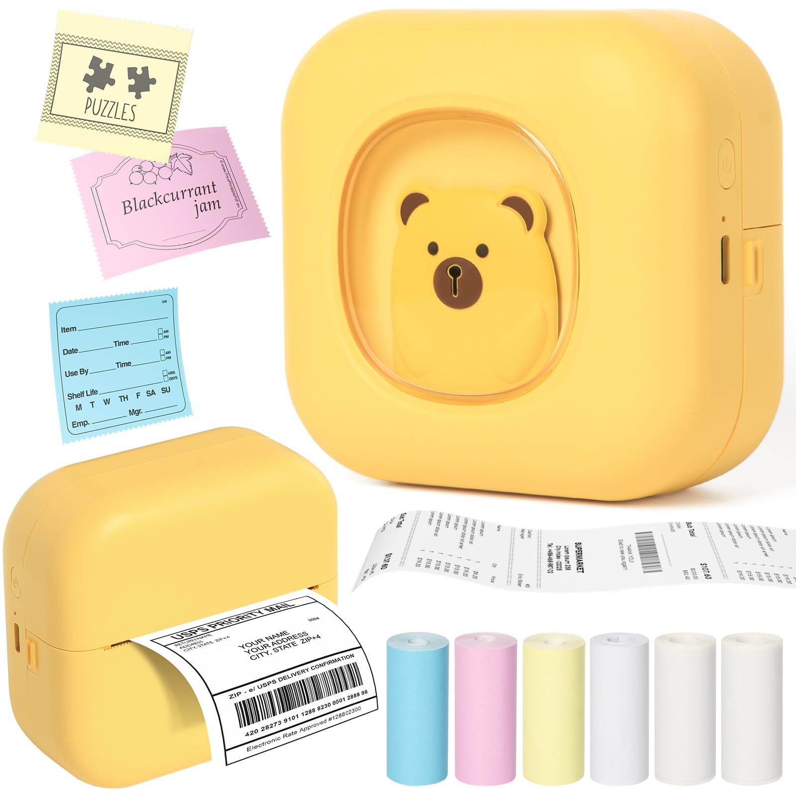 Mini Sticker Printer - Inkless Bluetooth Thermal Printer for Photos, Journals & DIY Projects | Compatible with iOS/Android | Includes 6 Paper Rolls (Yellow) | Perfect for Scrapbooking, Planner Decoration & School Notes