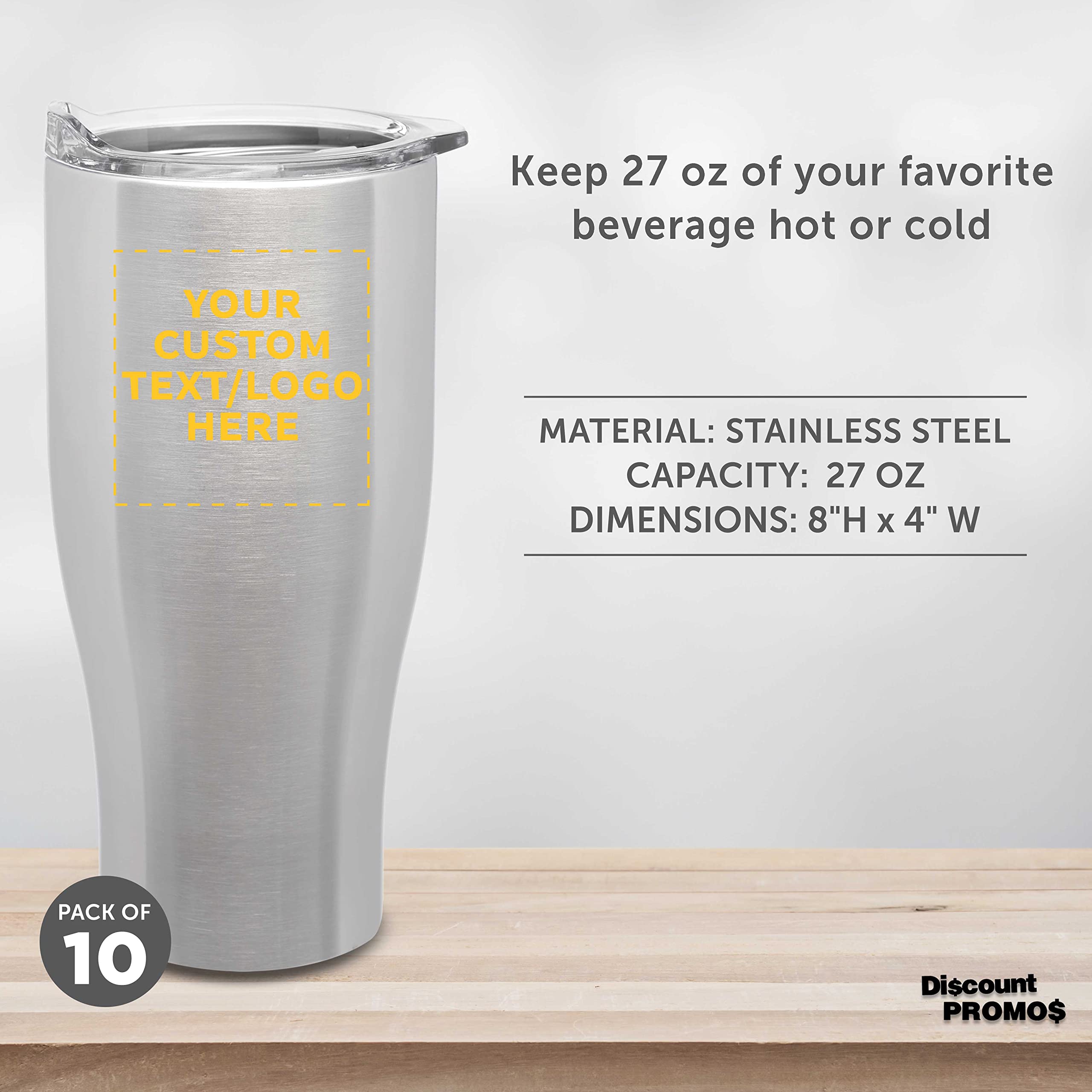 Custom Stainless Steel Travel Mugs 27 oz (Set of 10) - Personalized Bulk Coffee Cups - Vacuum Insulated for Hot & Cold Drinks - Silver - Ideal for Office, Camping, Gifts & Daily Commute