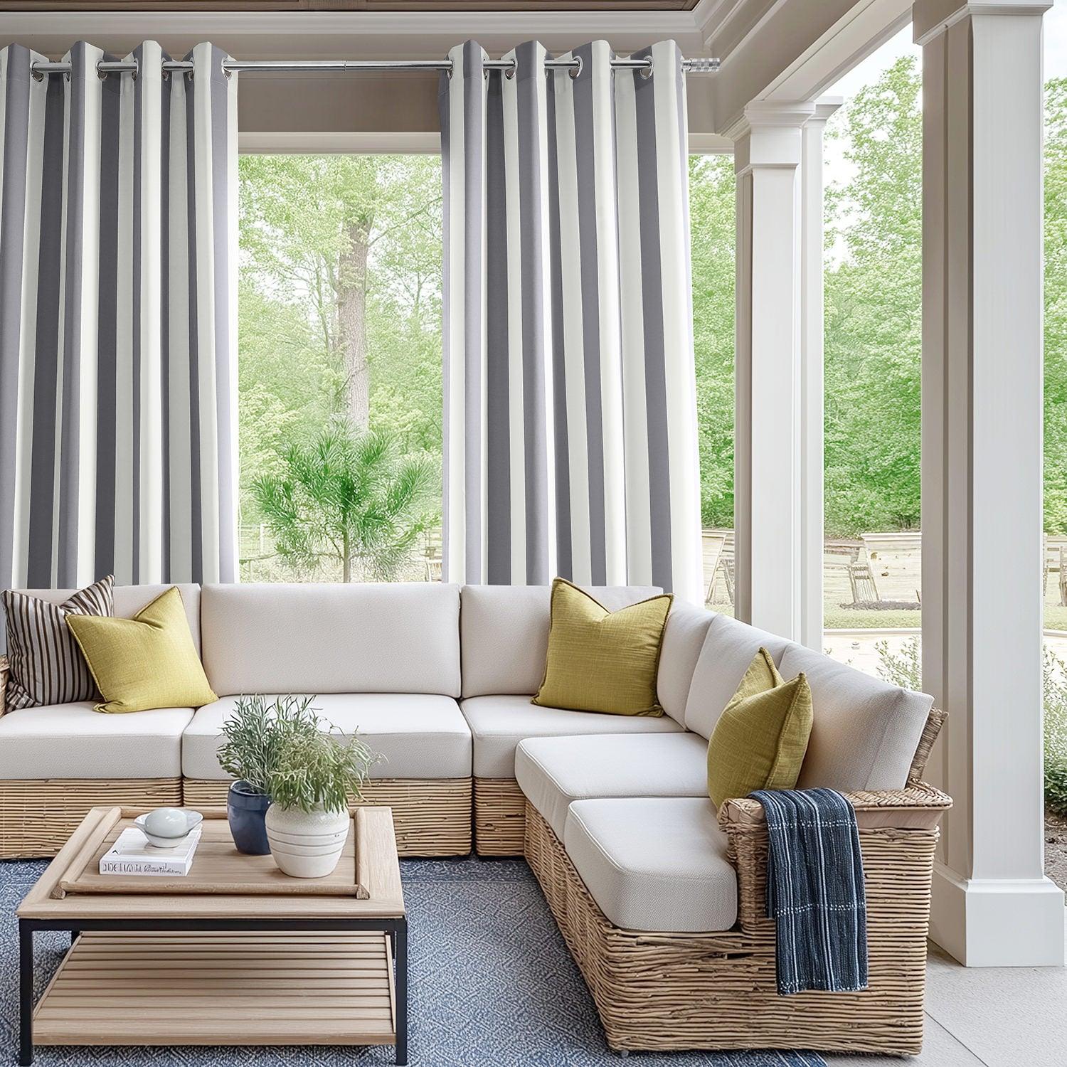 Nautical Grey Striped Grommet Villanova Outdoor Curtains - Waterproof Sun Shade Patio Drapes for Porch, Deck, Poolside & Backyard Privacy