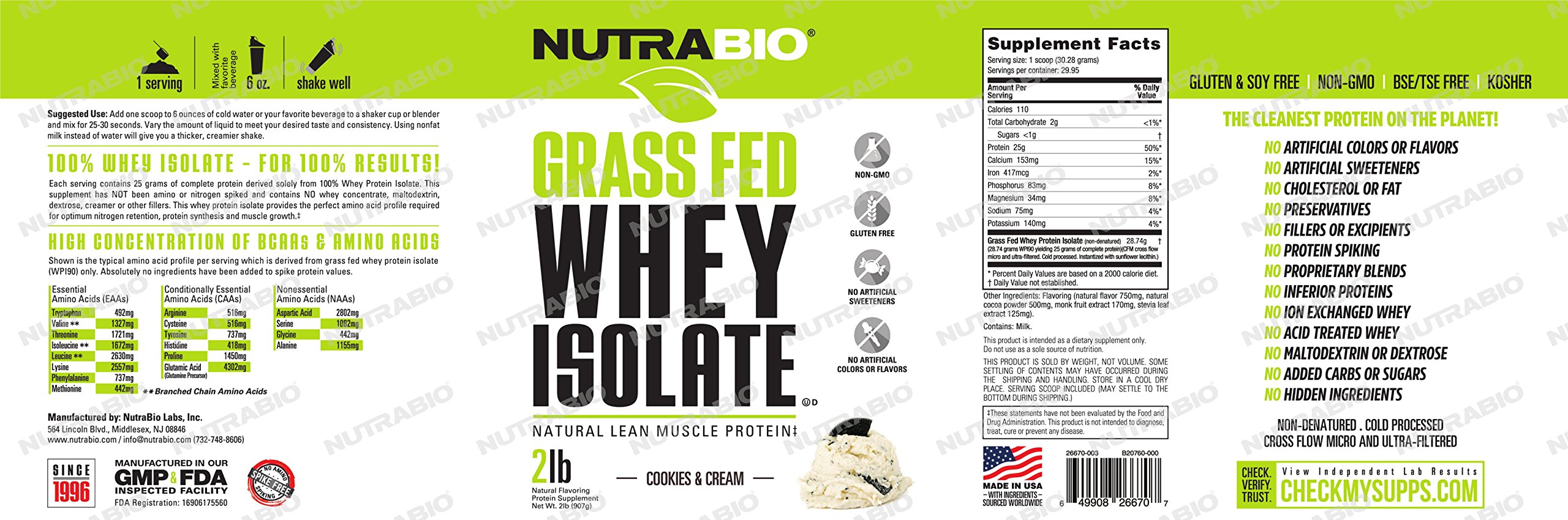 NutraBio Grass Fed Whey Isolate Protein Powder - 25G Protein Per Scoop, Sugar Free, Natural Lean Muscle Supplement - Cookies & Cream Flavor - 2LB (29 Servings) for Post-Workout Recovery & Muscle Growth