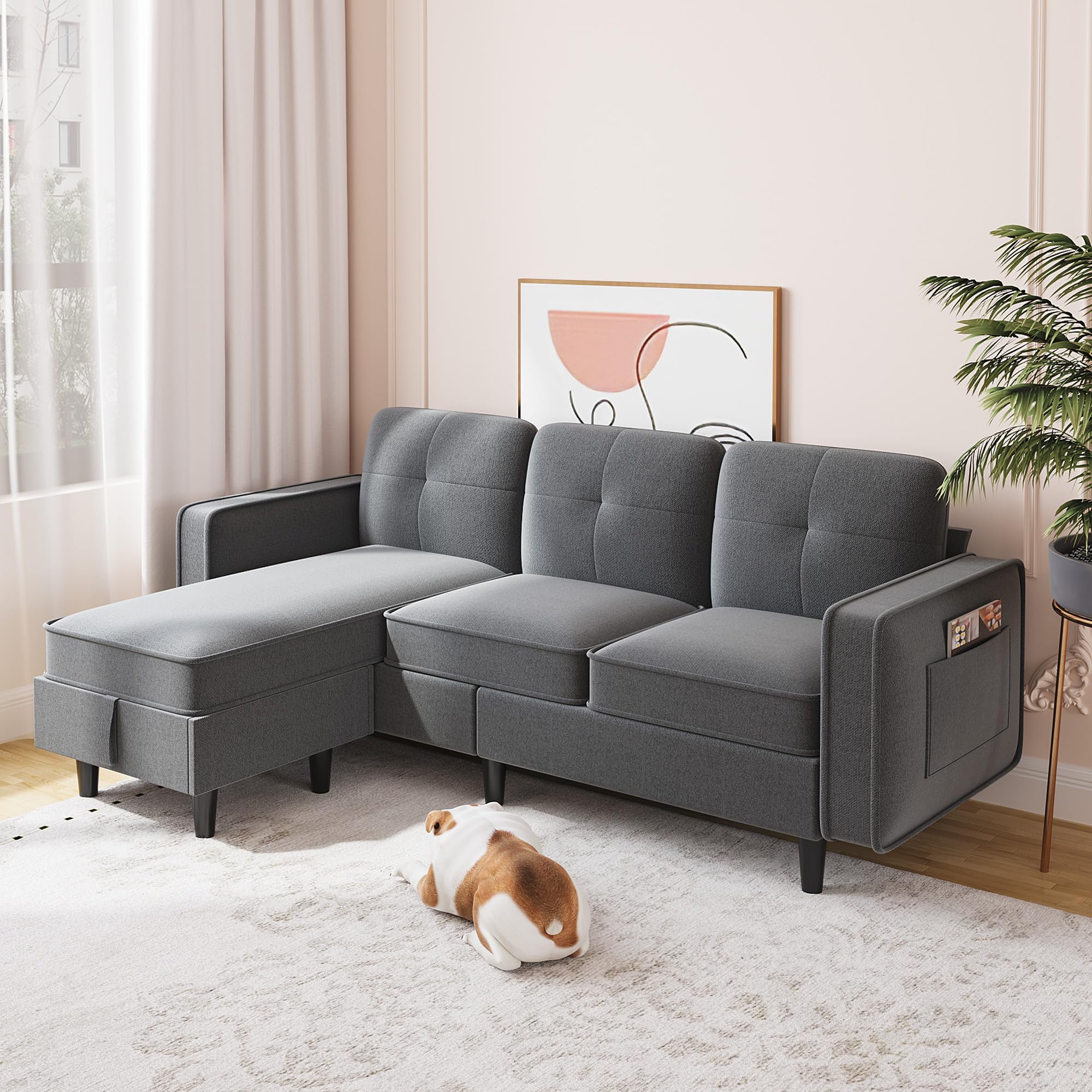 HNEBC Convertible Sectional Sofa with Storage Ottoman - L-Shaped Couch with Solid Wood Legs for Living Room, Bedroom & Office - Dark Grey | Modern Space-Saving Furniture for Small Apartments & Home Theater Seating