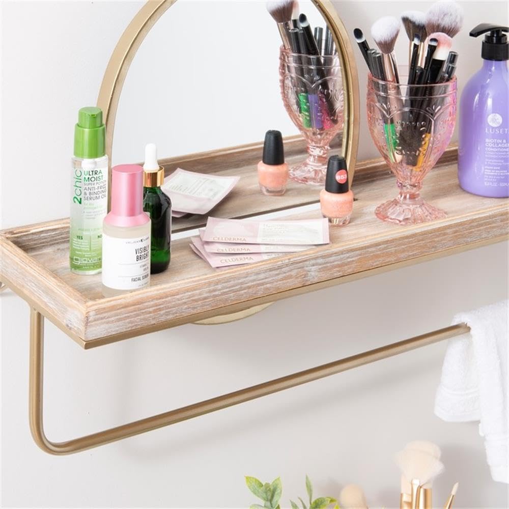 Linon Lila Gold Wall Shelf with Mirror - Wood and Metal Floating Shelf for Bathroom, Bedroom, or Entryway Decor - Stylish Storage Solution for Small Spaces