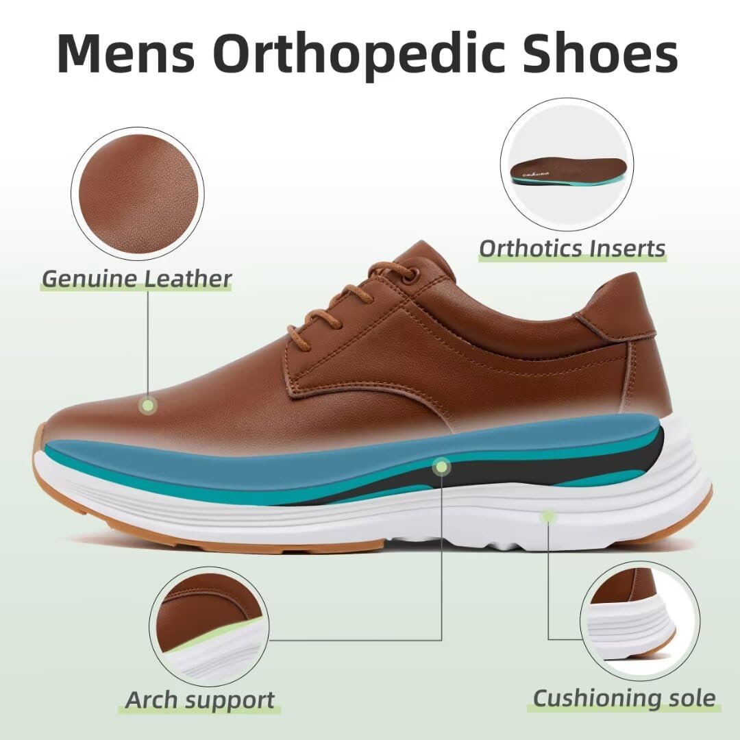 OrthoComfoot Men's Orthopedic Leather Dress Shoes - Comfortable Arch Support Oxfords for Plantar Fasciitis & Heel Pain Relief - Business Casual Work Shoes with Thick Sole for All-Day Walking - Ideal for Office, Travel & Formal Occasions