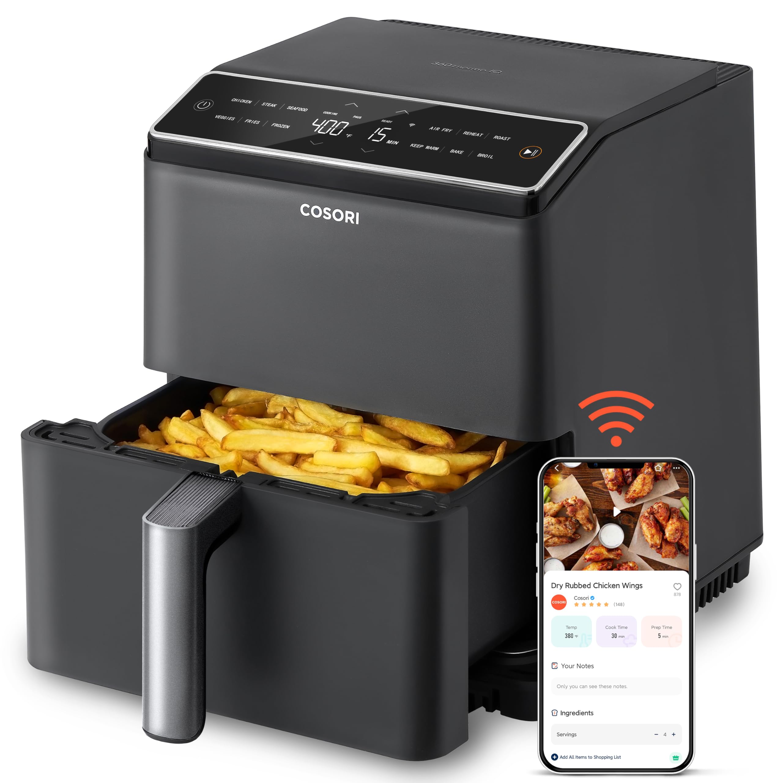 COSORI 6.8Qt Air Fryer with Dual Blaze Technology - 12-in-1 Functions for Baking, Roasting & Broiling | 360° Even Cooking, No Shaking Needed | 100+ Smart App Recipes | Dishwasher Safe Basket | Perfect for Family Dinners, Healthy Snacks & Quick Meals