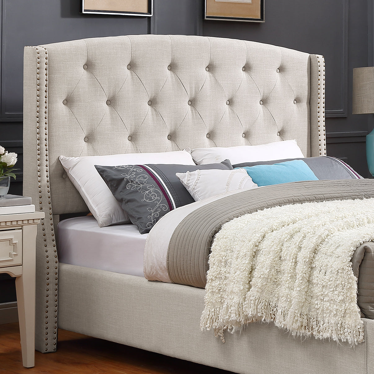 Roundhill Furniture Nantarre Fabric Button Tufted Wingback Upholstered Bed with Nailhead Trim - Queen Size Tufted Bed Frame with Upholstered Headboard, Tan - Perfect for Master Bedroom, Guest Room & Luxury Home Decor