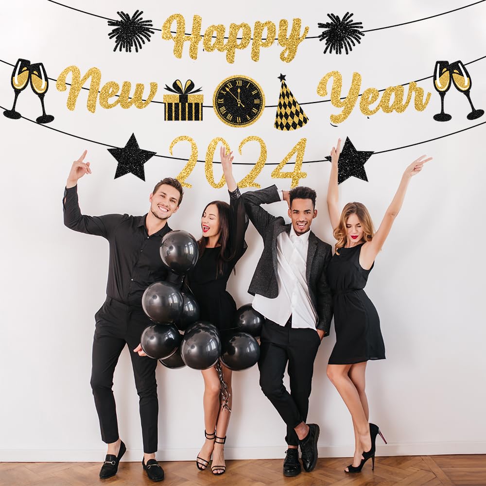 2025 Gold & Black Glitter Happy New Year Banner - New Year's Eve Party Decorations & Sign for NYE Celebrations | Perfect for Home, Office & Holiday Party Decor