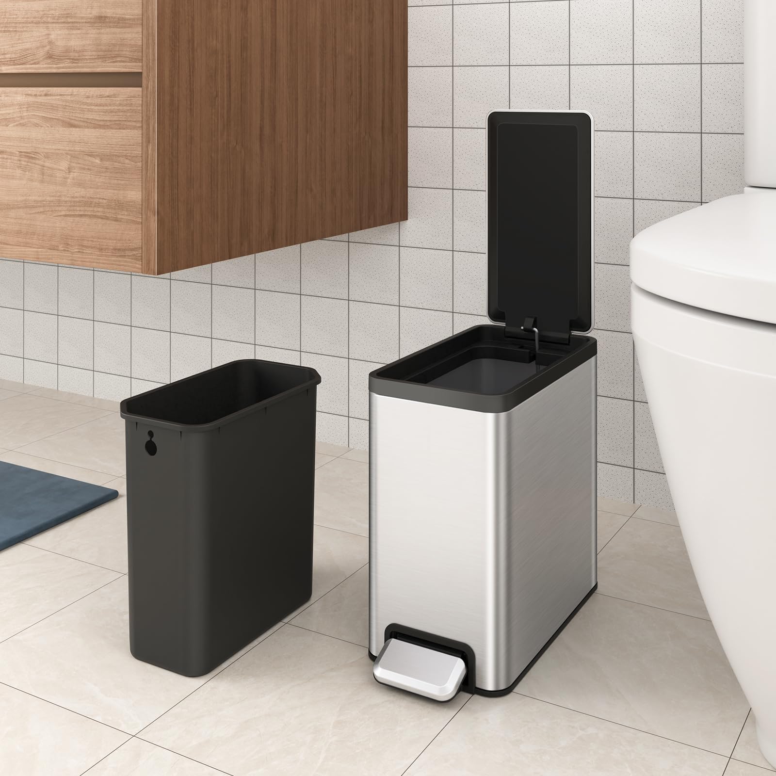 EKO Slim Small Bathroom Trash Can with Lid - Stainless Steel Kitchen Garbage Bin with Removable Inner Bucket, 6L/1.6 Gallon (2-Pack) Step-On Trash Can Combo for Bathroom, Office & Bedroom Waste Disposal