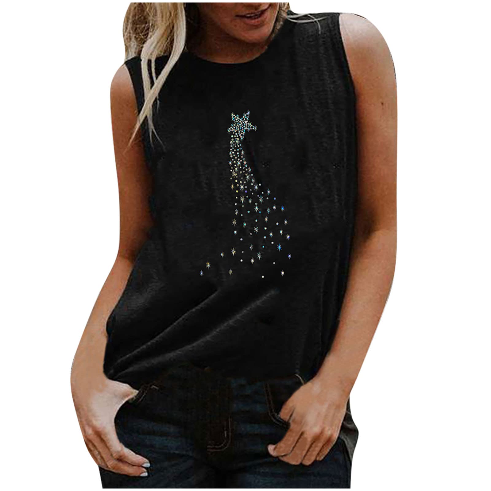 Sparkly Sequin Tank Tops for Women - Colorful Star Print Rhinestone Sleeveless Loose Fit Tee Shirts | Casual Crewneck T-Shirts for Summer, Parties & Night Out
