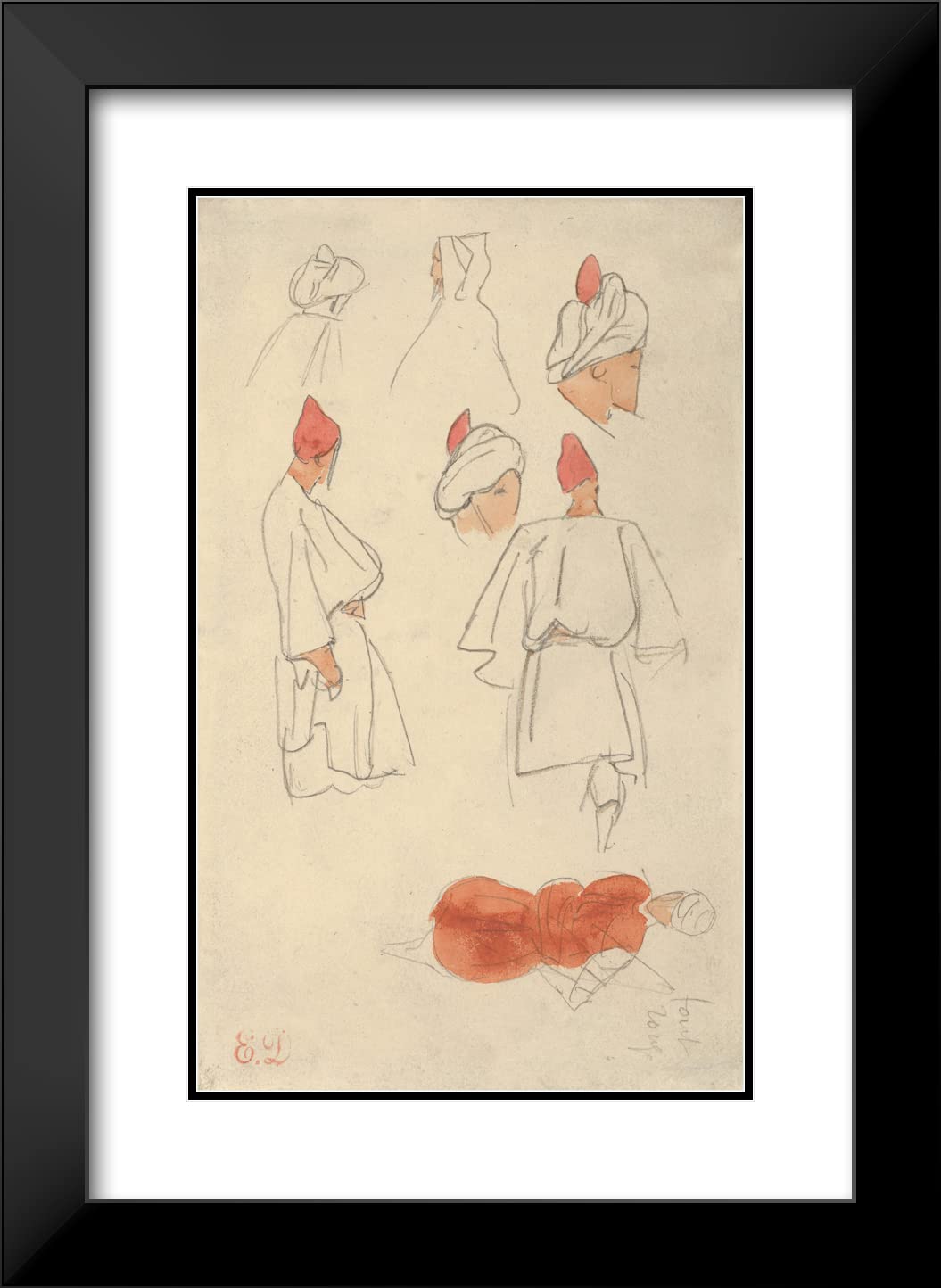 Eugène Delacroix Moroccan Costume Art Print - 16x24 Black Modern Framed Museum Quality Reproduction | Seven Studies of Moroccan Men's Costume (1832) | Perfect for Home Decor, Office Wall Art & Gift Giving