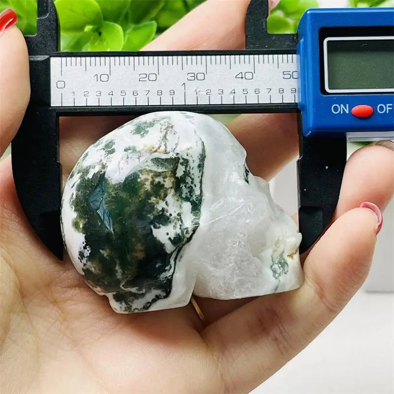4.9CM Natural Moss Agate Skull Carving Sculpture - Healing Crystal Gemstone for Home Decor, Meditation & Spiritual Healing - Unique Handcrafted Ornament for Office Desk, Altar Display or Gift Giving