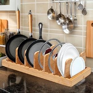 Adjustable Bamboo Pot Lid Organizer - Kitchen Cabinet & Countertop Storage Rack for Pans, Sheets & Covers | Space-Saving Under Cabinet & Counter Organizer for Clutter-Free Cooking