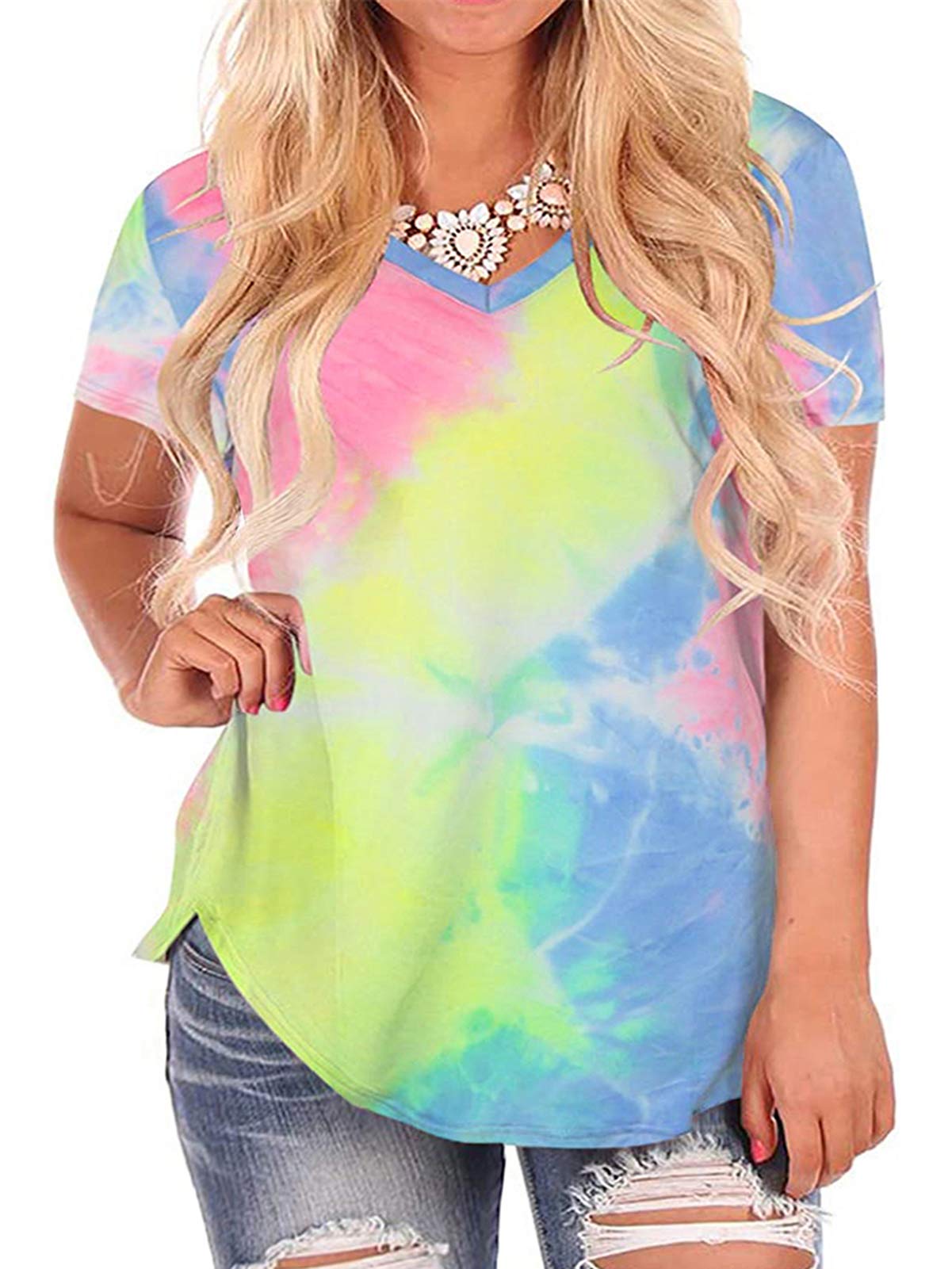 ROSRISS Women's Plus Size Tie Dye T-Shirts - Summer Short Sleeve Casual Tops for Women | Perfect for Beach, Vacation & Everyday Wear