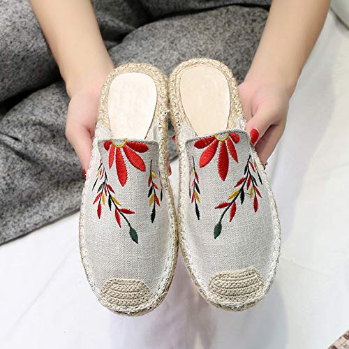 Women's Linen Knit Fisherman Mules - Backless Slip-On Loafers with Embroidery | Comfortable Summer Slippers & Sandals for Beach, Home, and Casual Outings
