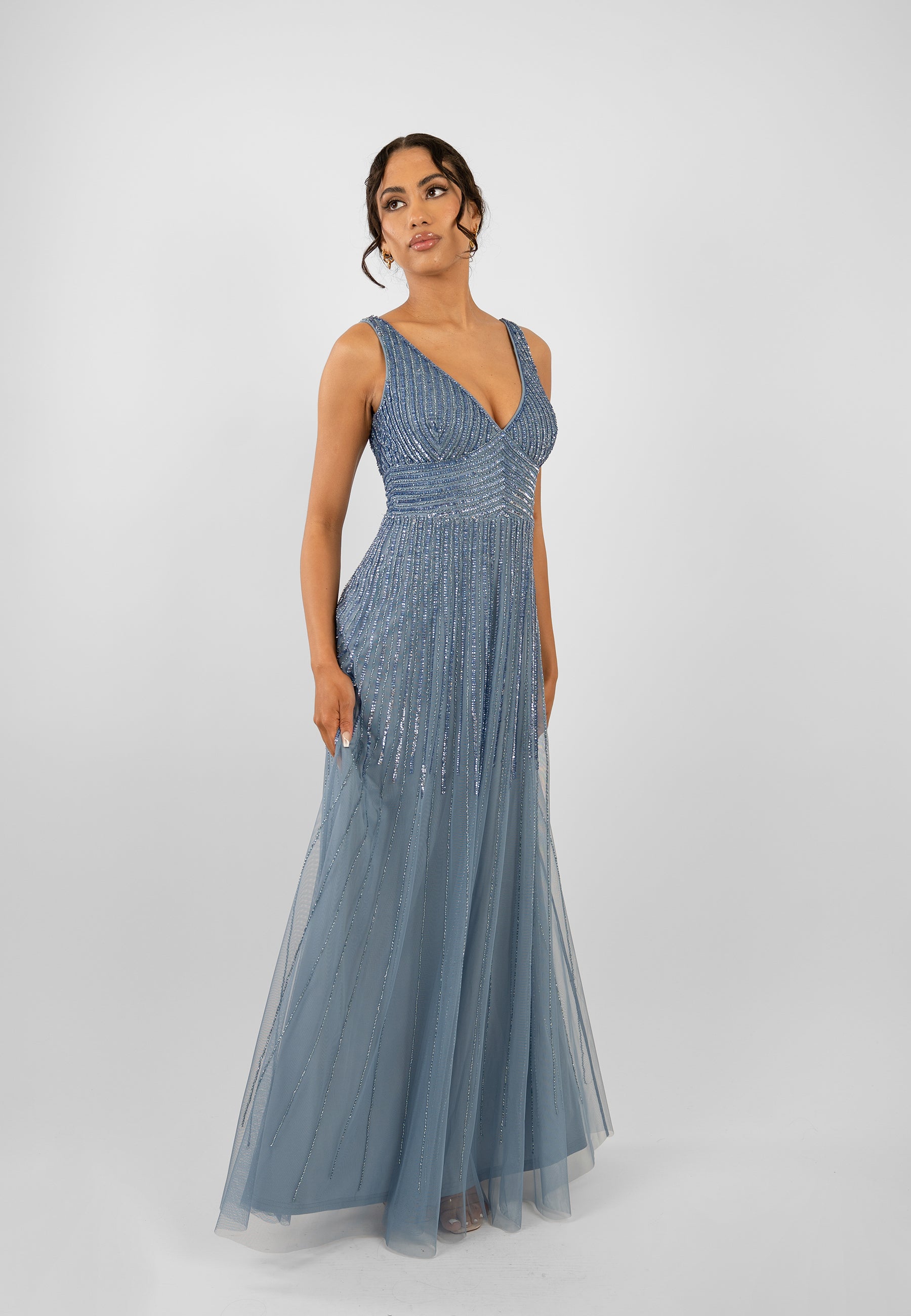 Lorelai Dusty Blue Embellished Maxi Dress for Women - Elegant Long Formal Gown with Beaded Details for Weddings, Parties & Special Occasions
