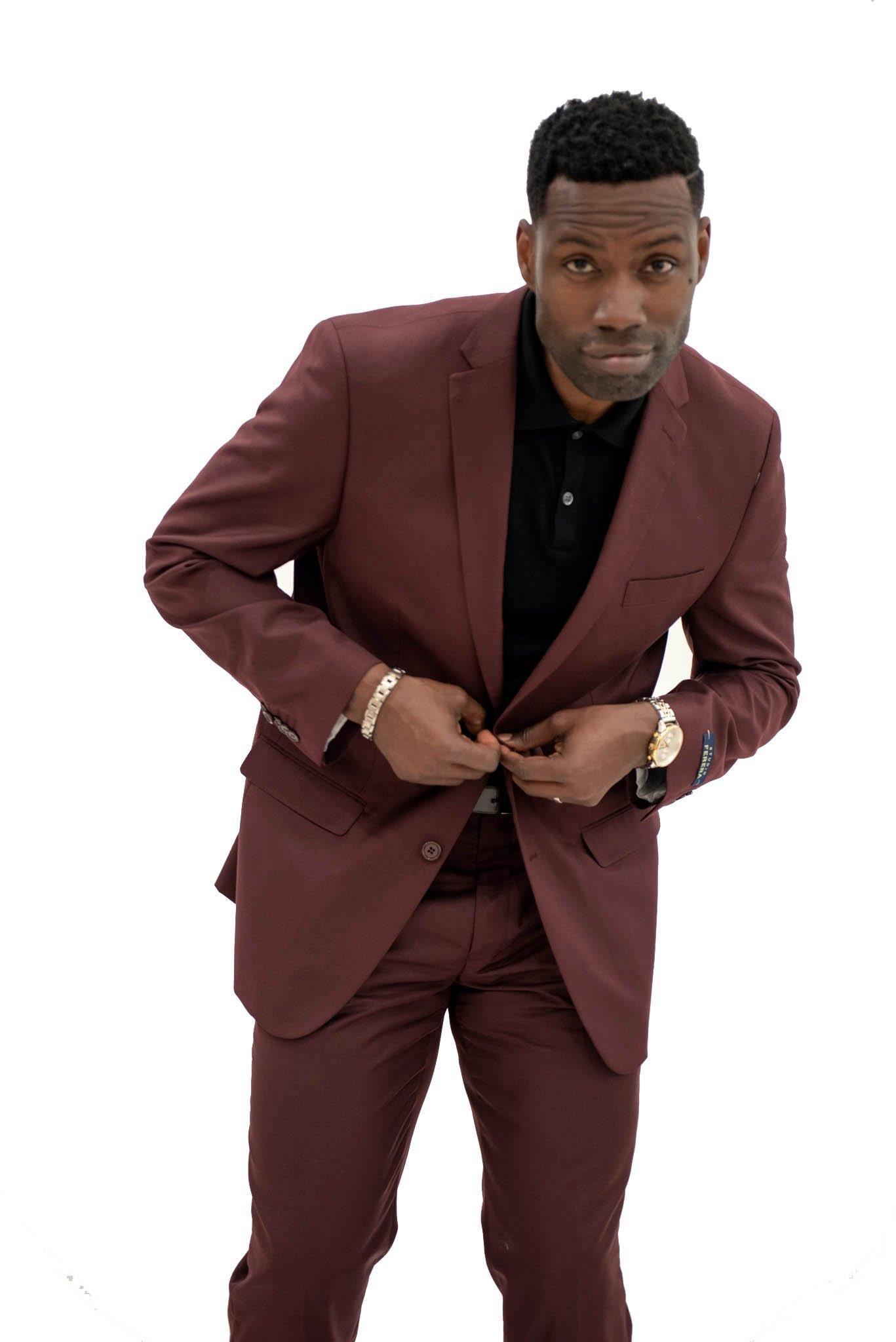 Ferera Collection Men's 3 Piece Slim Fit Suit Solid Burgundy - Perfect for Weddings, Business Meetings & Formal Events