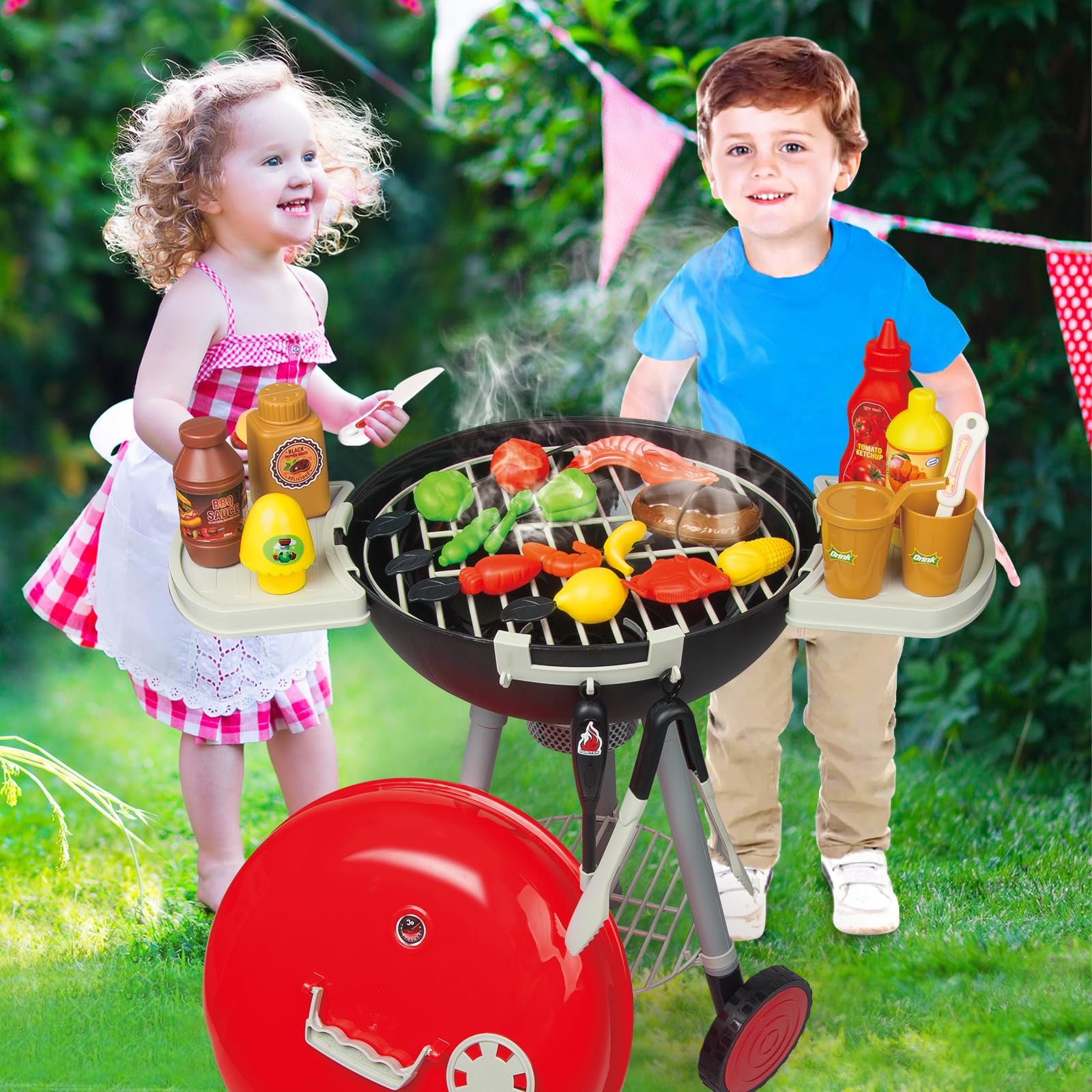 79PCS Kids BBQ Grill Playset with Realistic Spray, Light & Sound - Interactive Kitchen Toy for Toddlers & Preschoolers - Perfect Christmas Birthday Gift for Boys & Girls - Outdoor Pretend Play & Role-Playing Fun