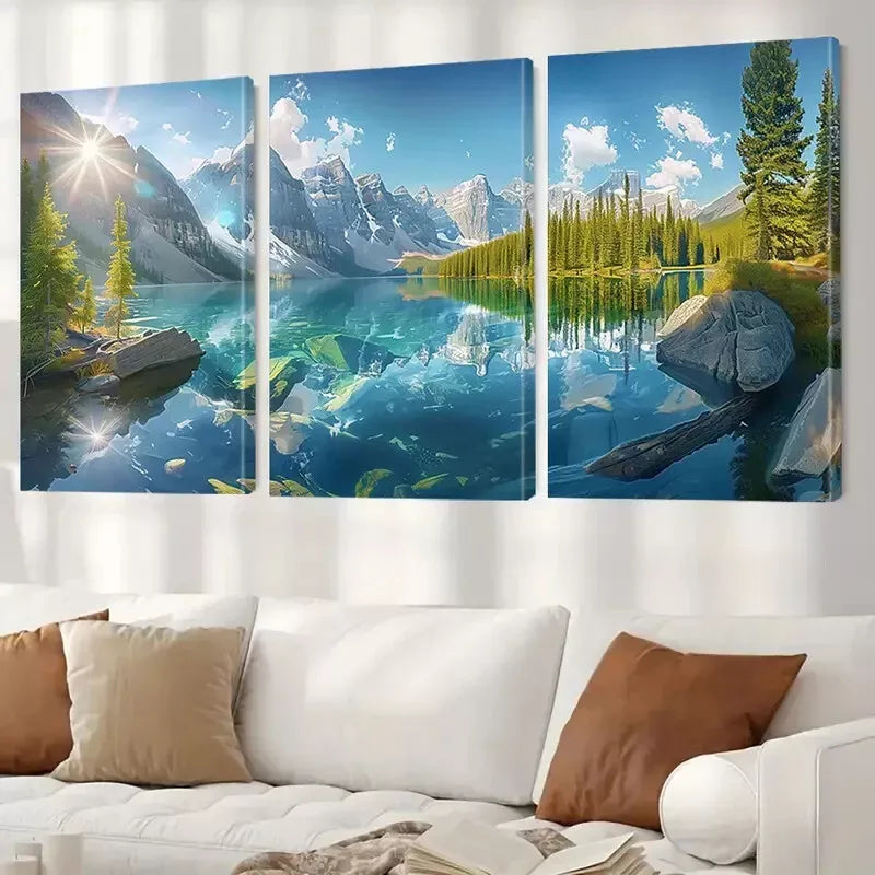 3-Piece Sky White Clouds Lakes Mountains Forests Wall Art Set - Framed Canvas 50x70cm | High Quality Print | 100% Australian Made | Ready to Hang | Perfect for Living Room, Bedroom & Office Decor