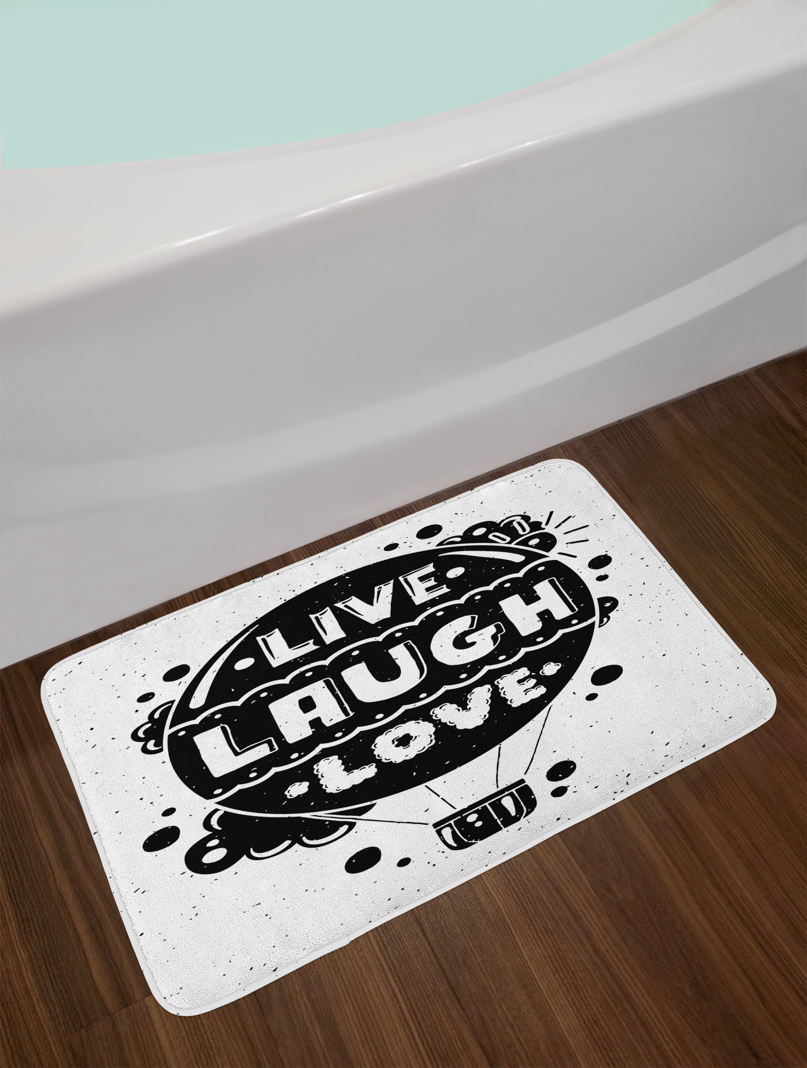 Ambesonne Live Laugh Love Bath Mat - Non-Slip Plush Bathroom Rug with Air Balloon Clouds Sun Design, 30x20 Inches, Black & White - Perfect for Modern Bathroom Decor and Cozy Home Style