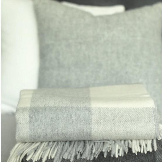 Soft & Sustainable Smoke & Ivory Wool Plaid Throw Blanket - Cozy Winter Home Decor for Sofa, Bed & Fireplace Lounging