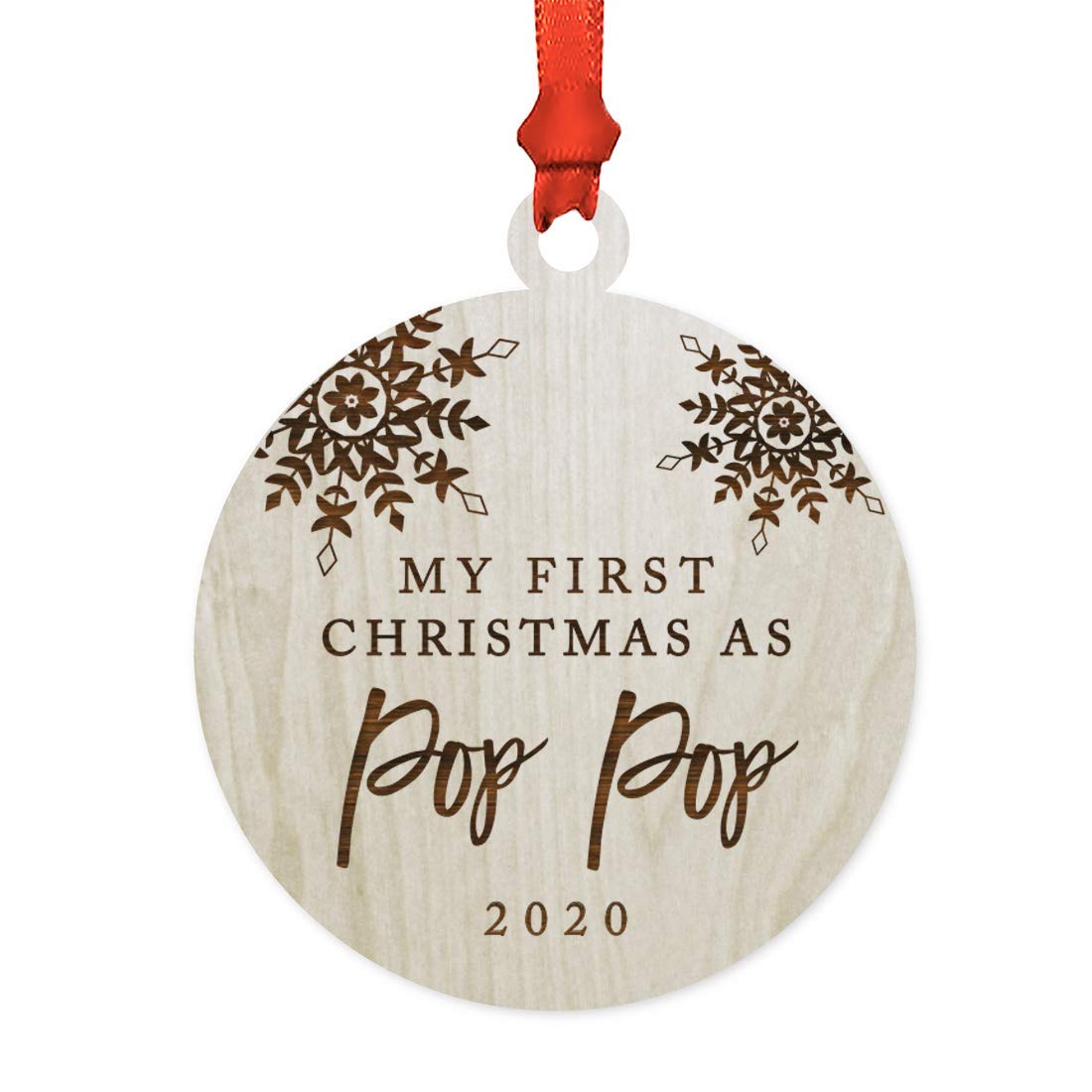 Custom Personalized Wooden Christmas Ornament - Family Name & Year Laser Engraved - 'My First Christmas as Pop Pop 2025' Snowflake Design - Includes Gift Ribbon & Bag (Perfect for Grandparents, Baby's First Christmas, Family Tree Decorations)