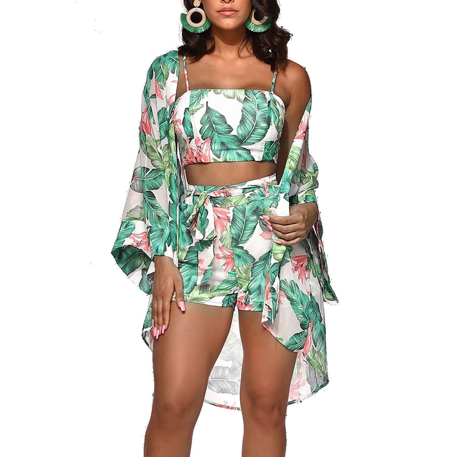 Women's 3-Piece Hawaiian Swimsuit Set - Floral Kimono Cover Up & Beach Cardigan for Summer Vacation, Pool Party, and Tropical Getaways
