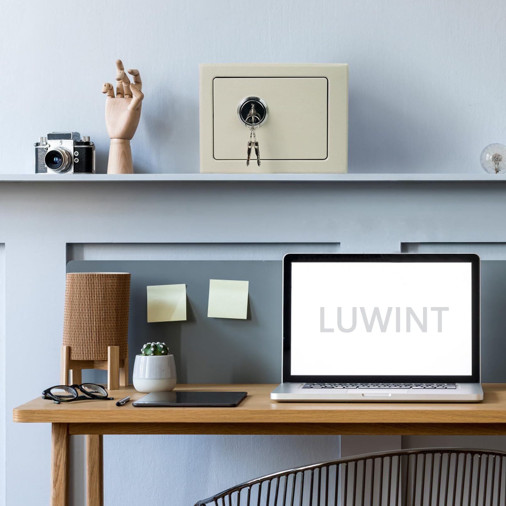Luwint Small Steel Safe Lock Box with Key - 9.5 x 9 x 6.5 Inch Home Security Safe for Cash, Jewelry & Documents - Portable White Safety Deposit Box for Bedroom, Office or Travel