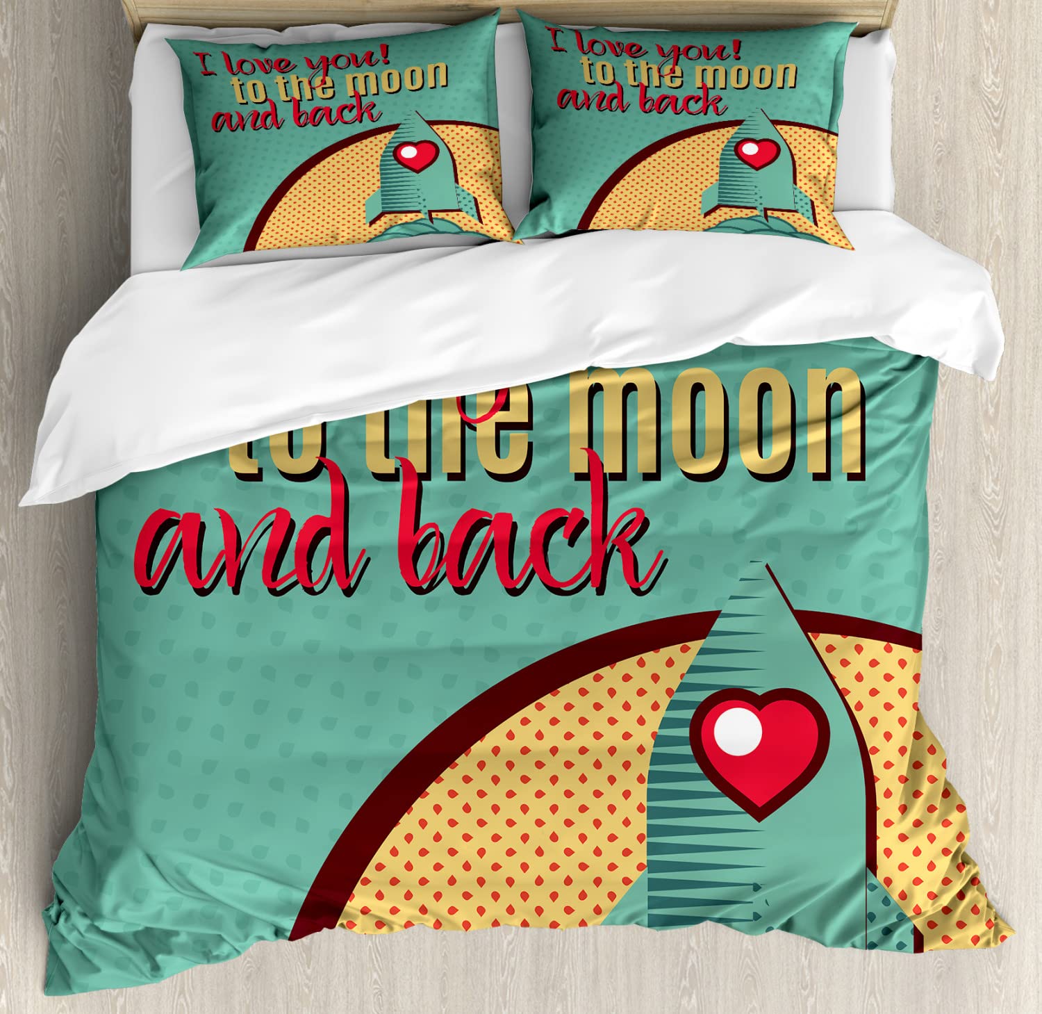Ambesonne 'I Love You' Duvet Cover Set - Space Rocket & Moon Design, Queen Size 2-Pack (Turquoise, Mustard & Red) with 2 Duvet Covers & 4 Pillowcases - Perfect for Couples Bedroom, Valentine's Gift & Space-Themed Decor
