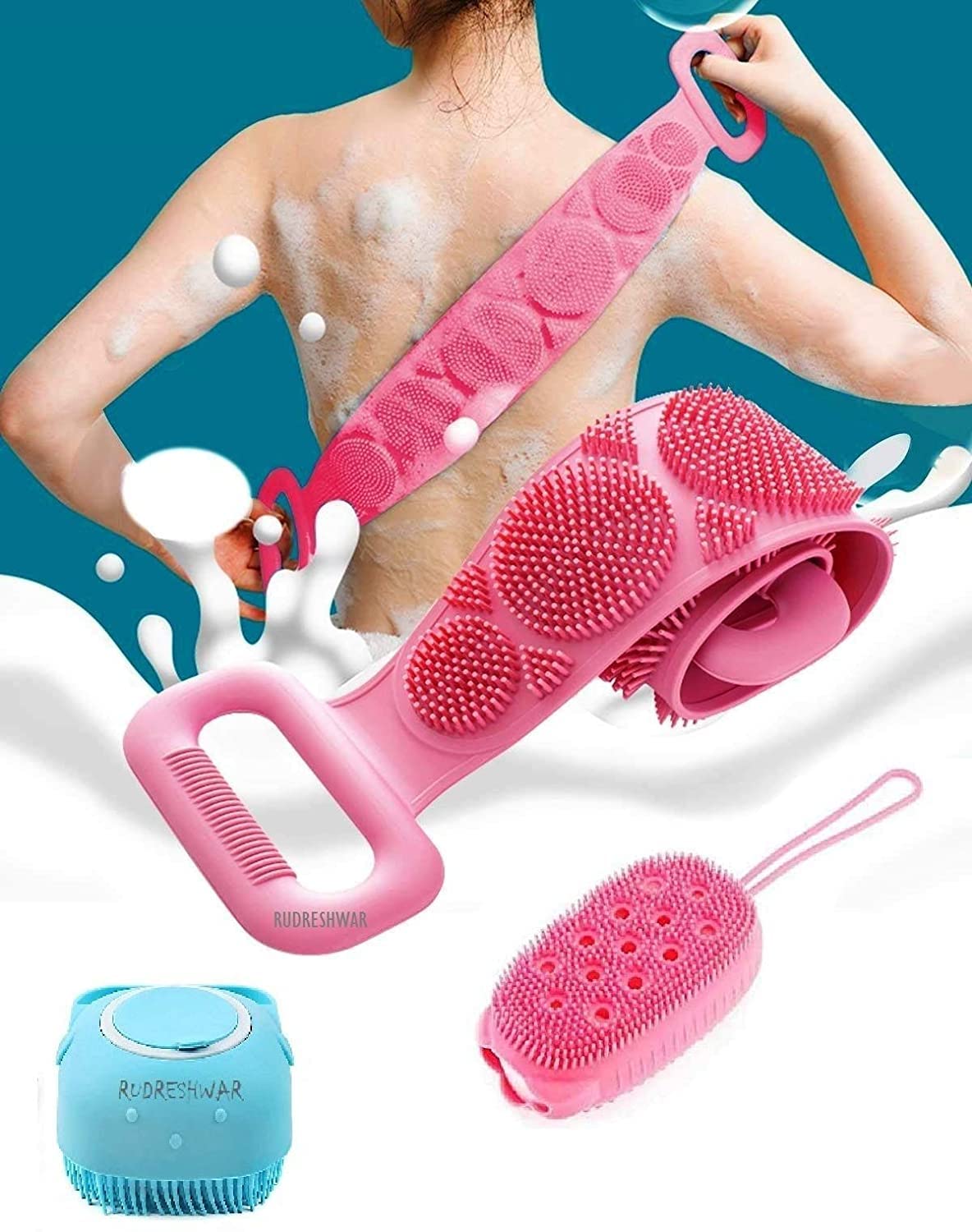 Silicone Bath & Body Brush Set - Soft Exfoliating Scrubber Belt with Shampoo Dispenser, Bubble Massage Brush for Shower & Spa (3-Piece Multi-Color Combo) - Perfect for Exfoliation, Deep Cleansing & Relaxing Bath Time