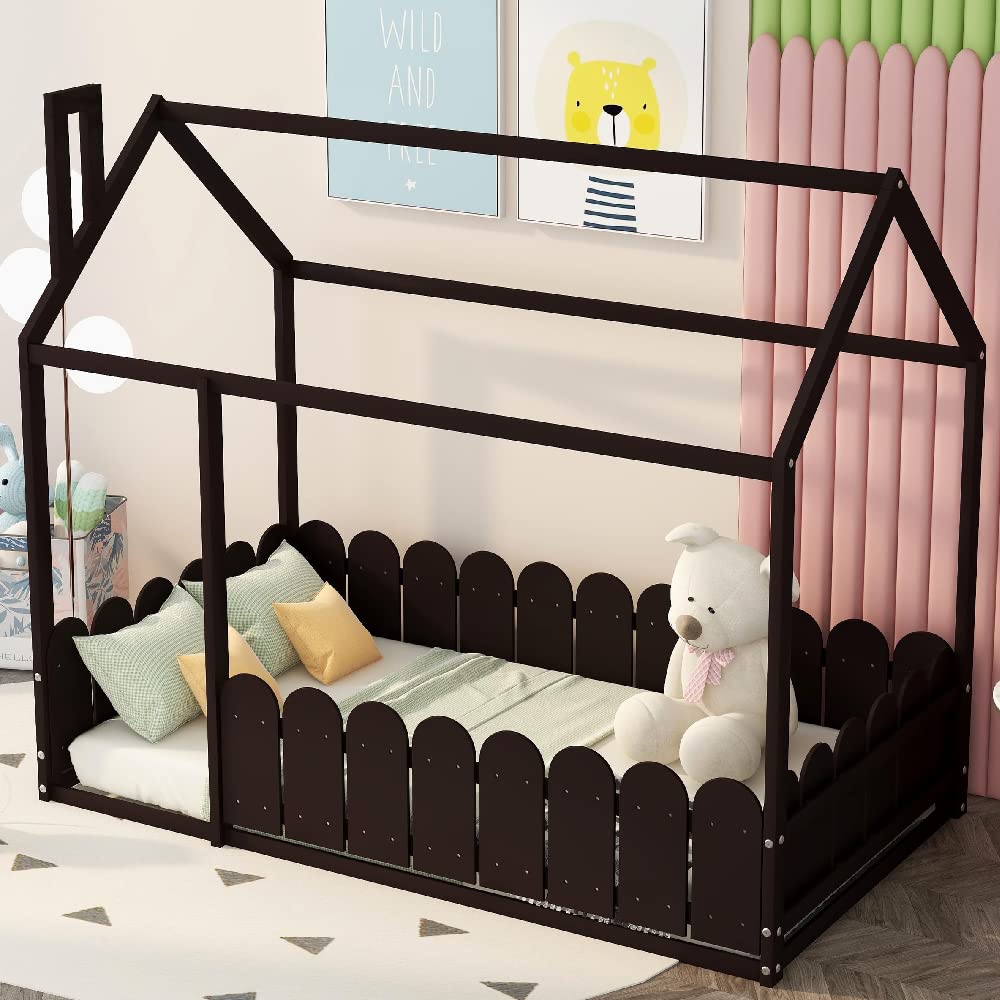 Wood Twin House Bed for Kids with Roof & Fence - Cabin Montessori Toddler Bed for Teens (Espresso) - Perfect for Small Bedrooms & Playrooms