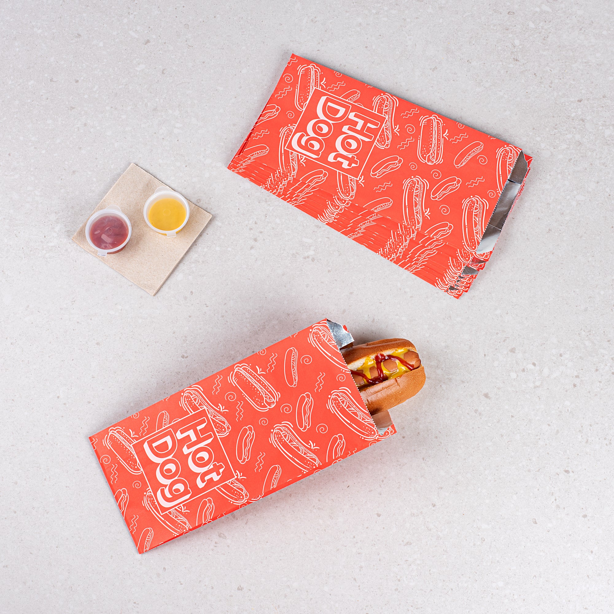 Red Printed Hot Dog Foil Bags - 5.5 x 3.25 x 12 Inches (100 Count) | Food Safe, Grease Resistant | Perfect for Food Trucks, Concessions & Party Catering