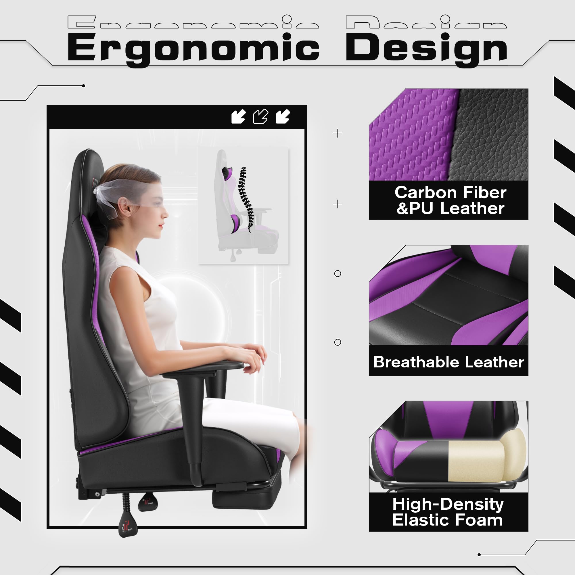 Homall Gaming Chair with Footrest & Lumbar Support - Adjustable Ergonomic Computer Game Chair with Massage, Headrest & 360° Swivel - Purple - Perfect for PC Gaming, Office Work & Home Entertainment