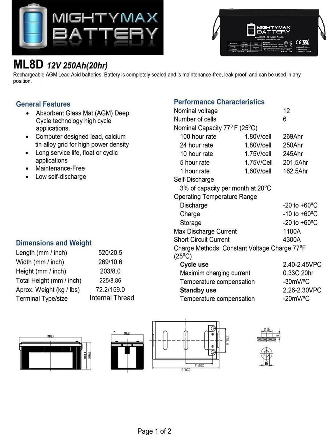 Mighty Max 12V 250Ah SLA Deep Cycle Battery - 4 Pack Replacement for Leoch LPL12-250 - Perfect for Solar Power Systems, RV, Marine & Off-Grid Applications