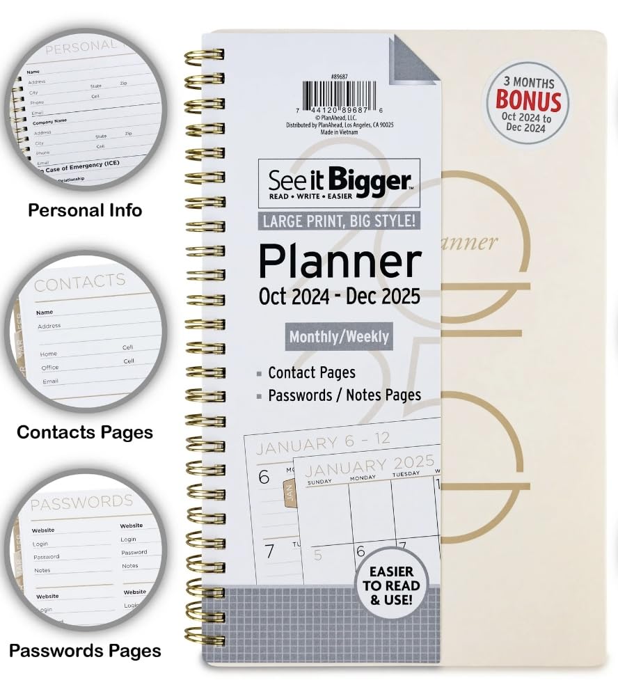 PlanAhead See IT Bigger October 2024 - December 2025 Monthly Weekly Planner - 8.75