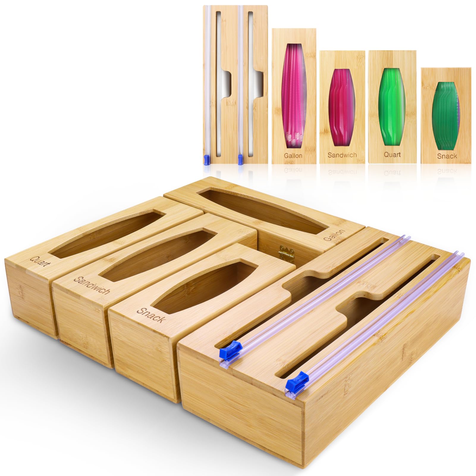 Bamboo Kitchen Drawer Organizer with Foil & Plastic Wrap Storage - Gallon, Quart, Sandwich & Snack Bags Organizer for Pantry, Fridge & Meal Prep