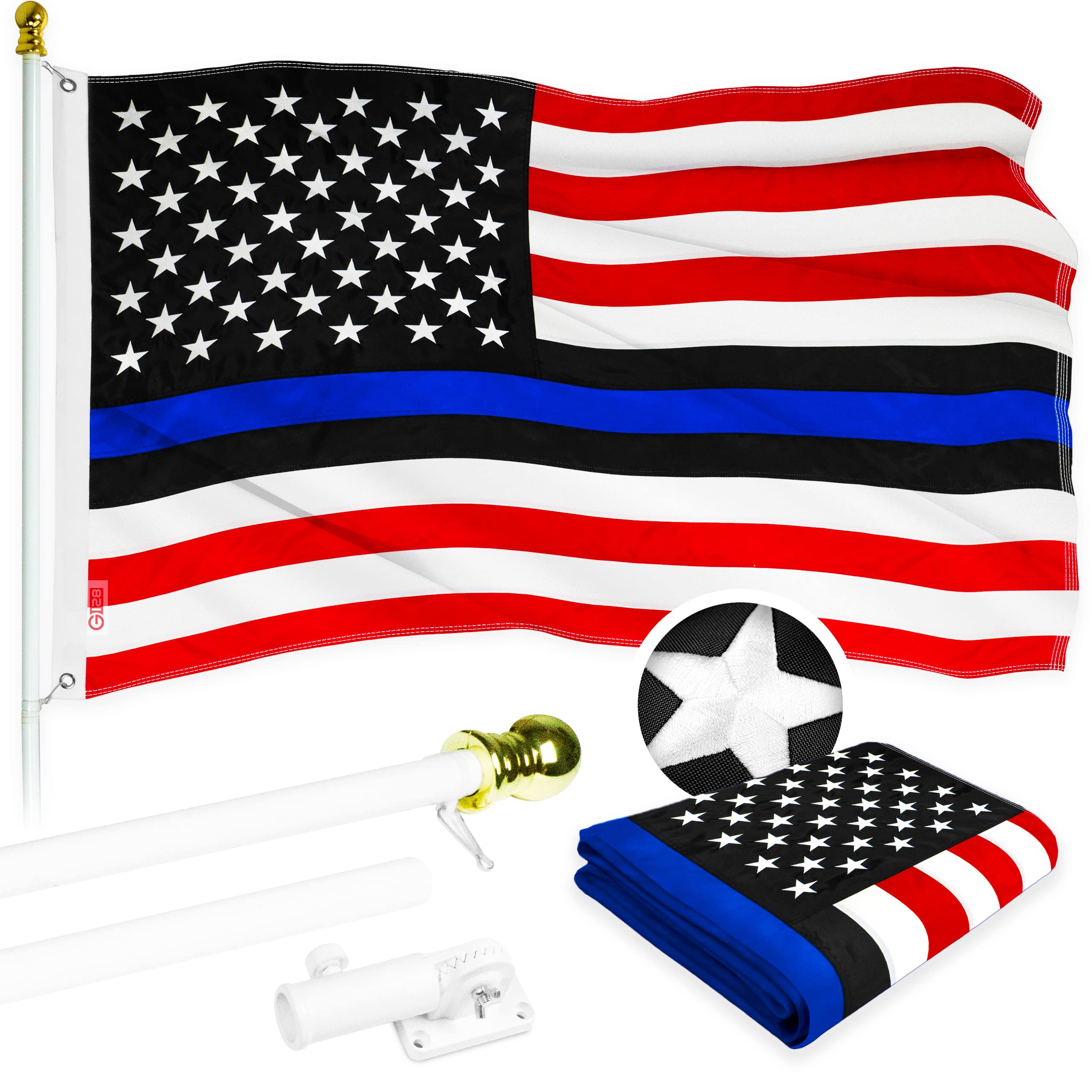 5 Feet White Spinning Flagpole with Blue Lives Matter Flag - 2.5x4 ft Embroidered Flag with Brass Grommets - Durable Aluminum Flag Pole for Outdoor Display, Backyard Decor & Patriotic Events