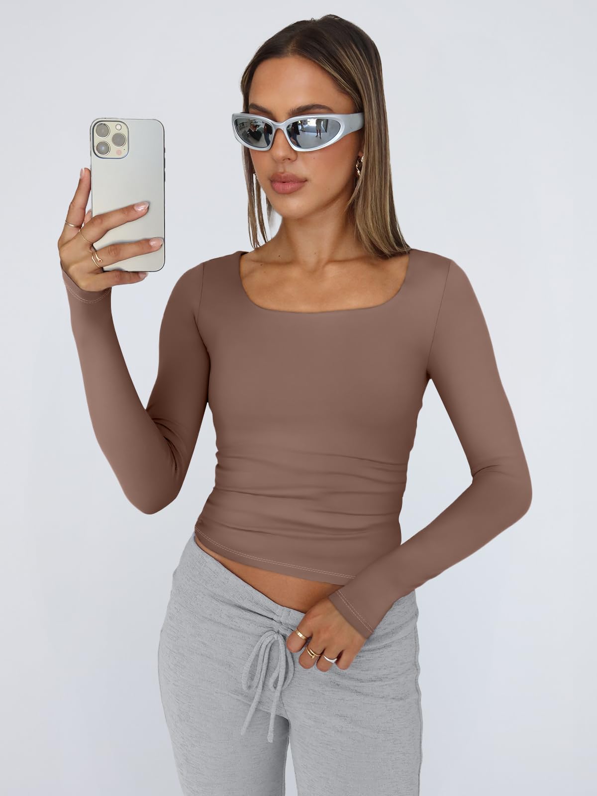 Trendy Queen Women's Long Sleeve Crop Top Square Neck Basic Tee - Y2K Winter Fashion 2025 - Perfect for Casual Outings, Parties & Streetwear Style