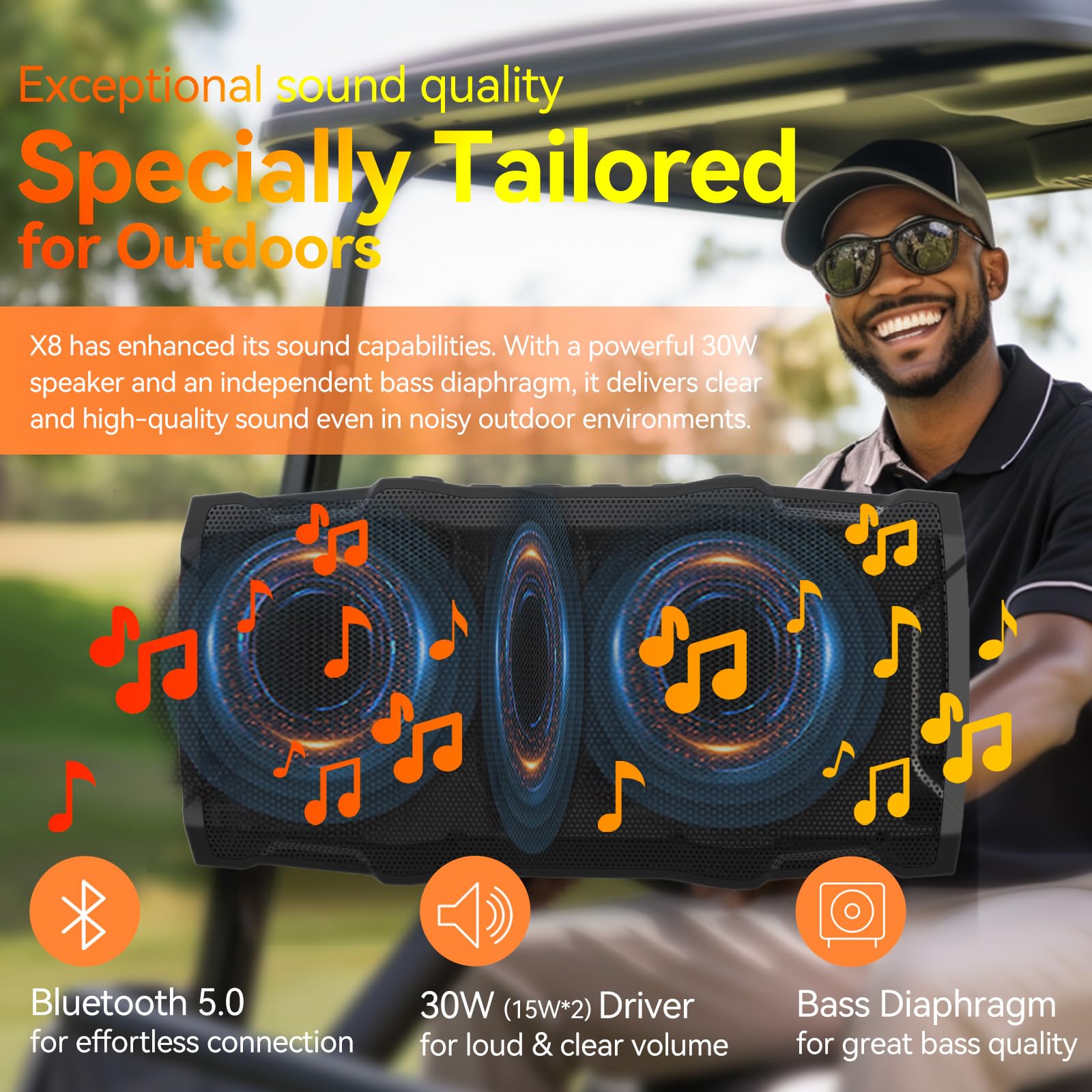 KILOGOGRAPH X8-30W Bluetooth Golf Speaker - Wireless Magnetic, IP67 Waterproof, 25H Playtime, Bluetooth 5.1, AUX/USB/SD - Perfect for Golf Carts, Outdoor Sports & Travel Gifts