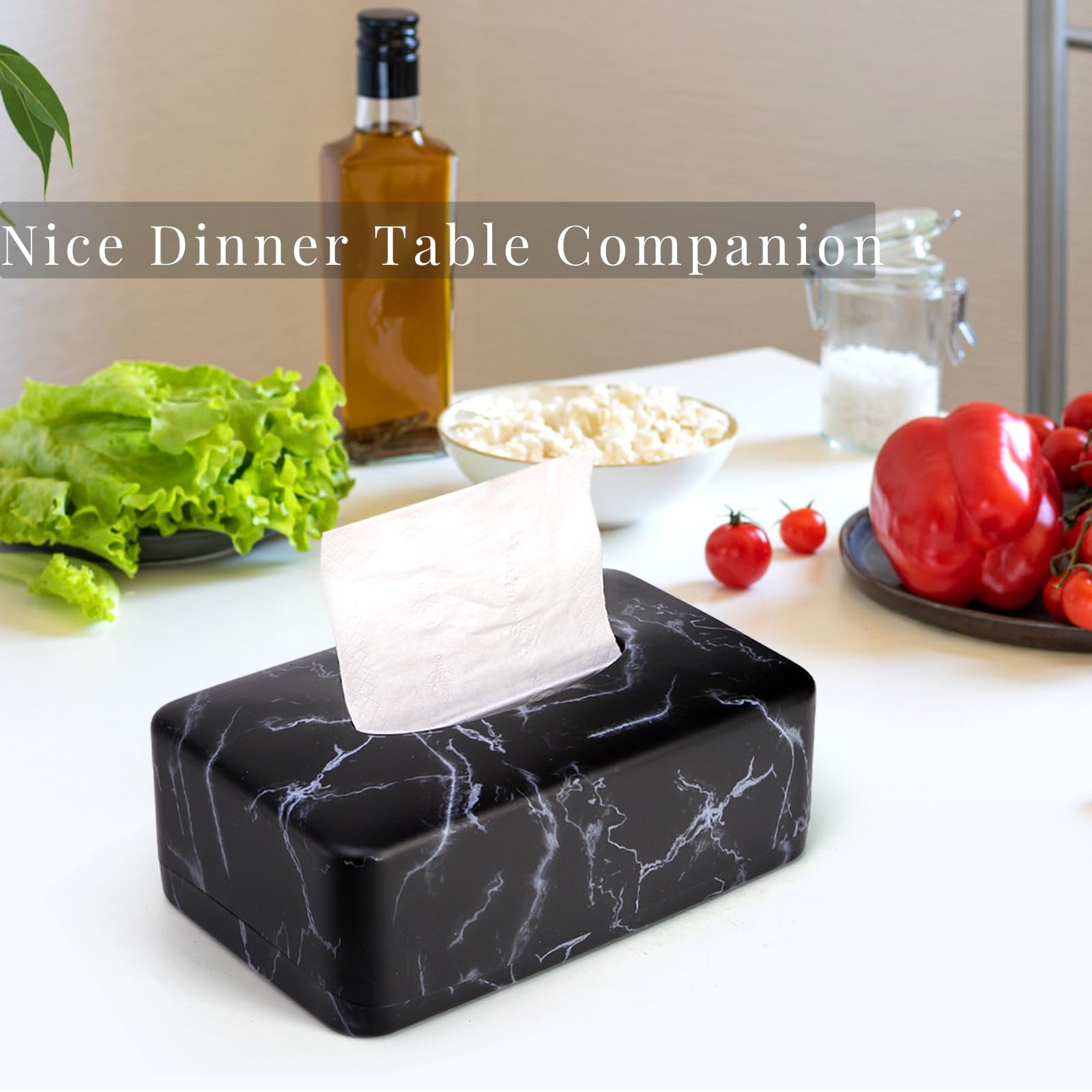 Black Faux Marble Tissue Box Cover - Rectangular Napkin Dispenser Holder for Facial Tissues, Dryer Sheets & Towels | Bathroom, Bedroom, Kitchen & Car Organization | Modern Home & Office Decor