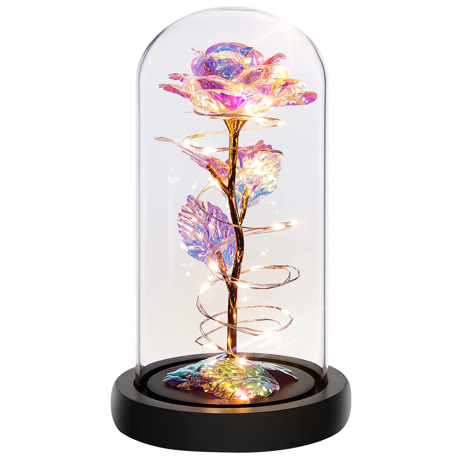 Childom Rainbow Rose Flower Gift for Women - Elegant Preserved Plastic Rose for Mom's Birthday, Anniversary, Valentine's Day - 1 Count Indoor Decoration - Perfect for Home Decor, Office Desk, Wedding Centerpiece