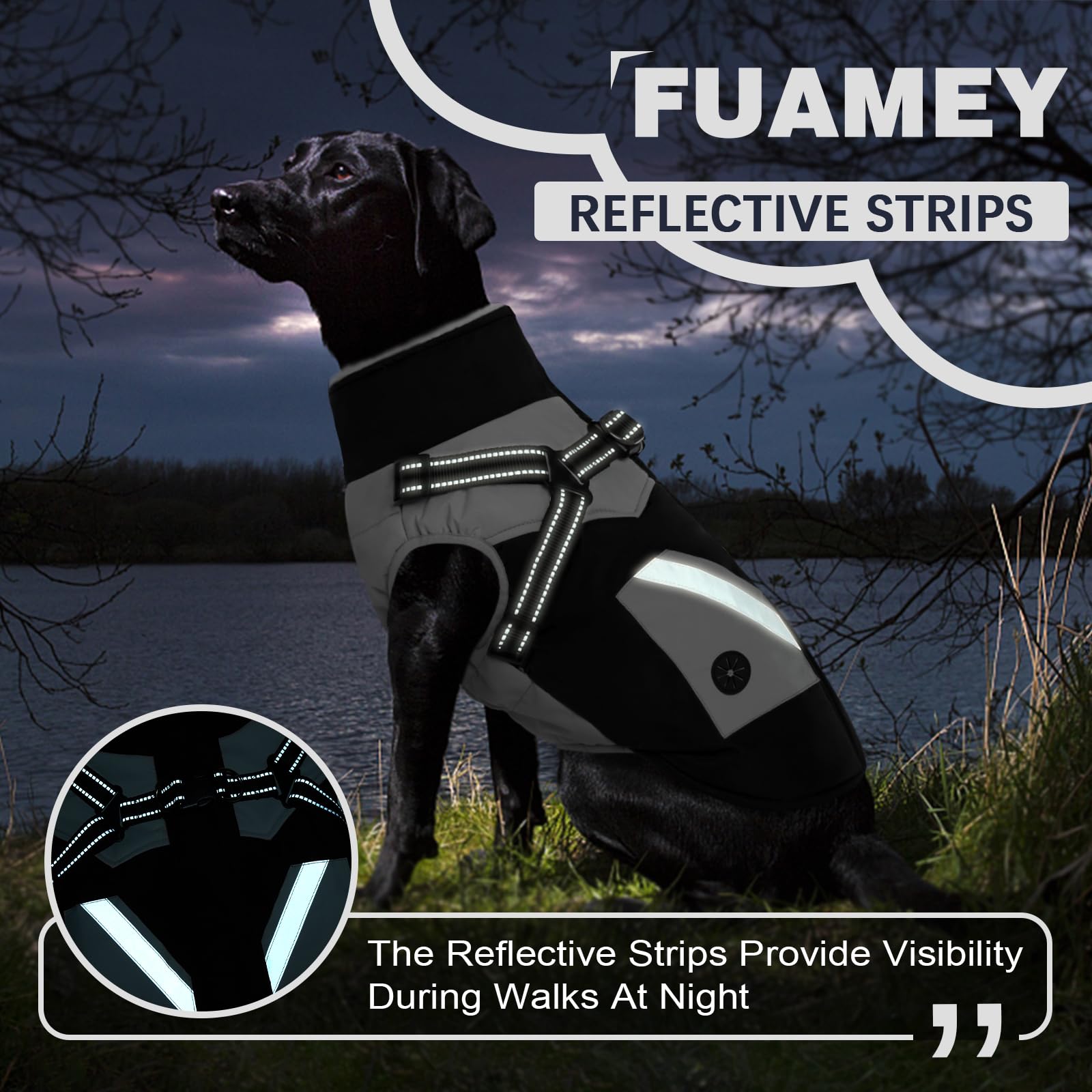 **FUAMEY Waterproof Reflective Dog Jacket with Built-in Harness & Zipper Back - Winter Snowsuit Coat for Medium Dogs, Black - Perfect for Outdoor Walks, Hiking & Cold Weather Protection**