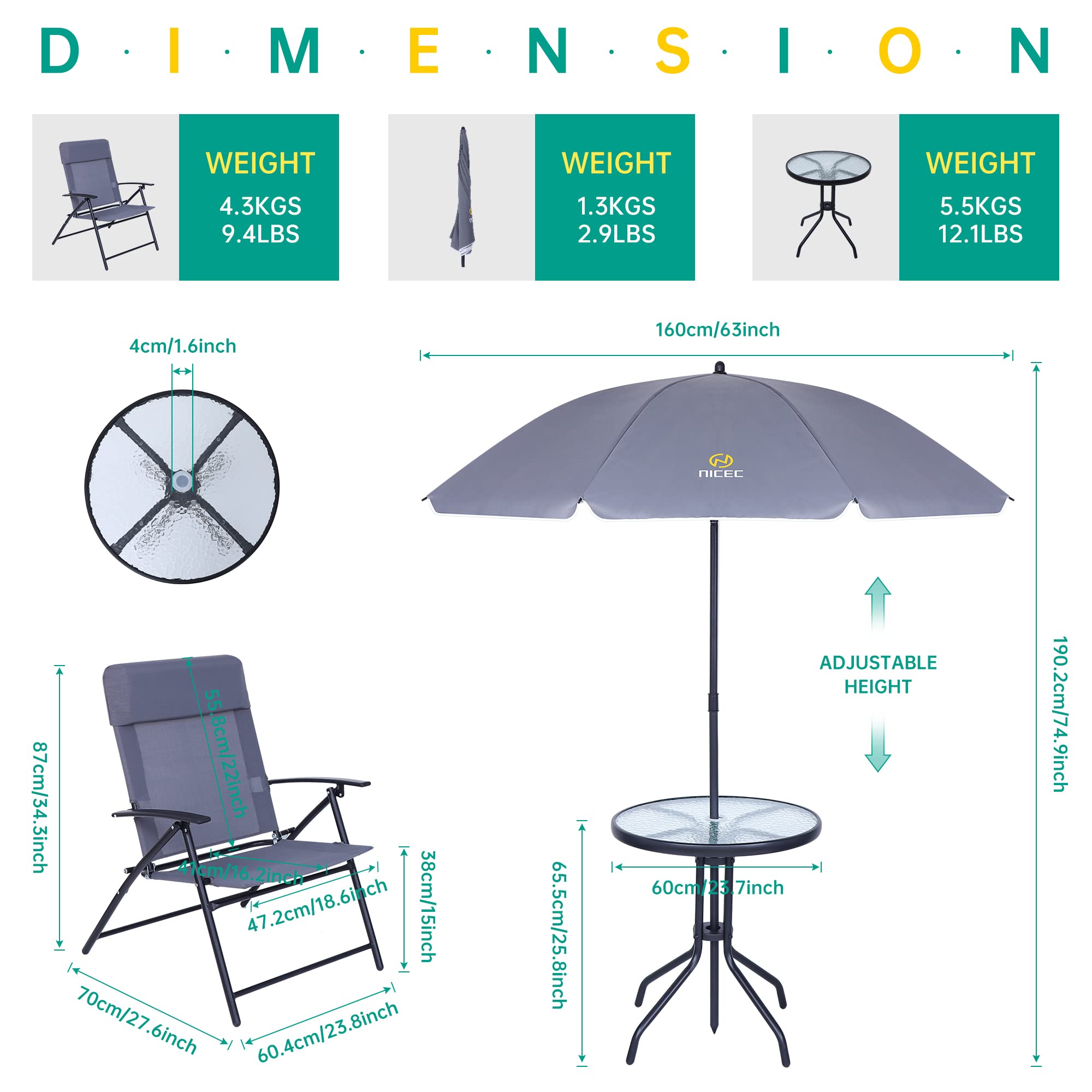 Premium 4-Piece Outdoor Patio Dining Set with Umbrella - Grey Glass Table & 2 Folding Chairs - Perfect for Garden, Backyard, Poolside & Balcony Relaxation