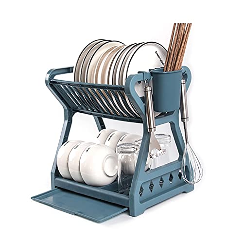 Double-Layer Dish Rack with Chopstick Holder - Kitchen Countertop Drying Rack for Plates, Bowls & Utensils - Space-Saving Tableware Organizer & Drainer (Blue) - Perfect for Small Kitchens, Apartments & RVs