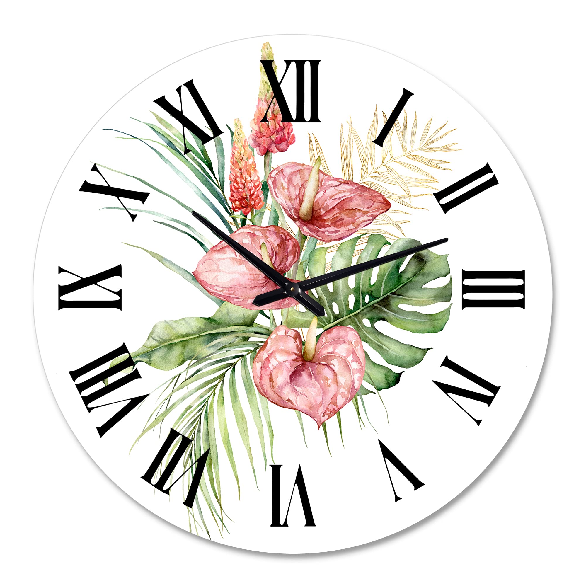 Large Floral & Botanical Wall Clock - Tropical Bouquet with Anthurium Lupine & Leaves - Elegant Home Decor for Living Room, Bedroom, or Office - Silent Non-Ticking Mechanism