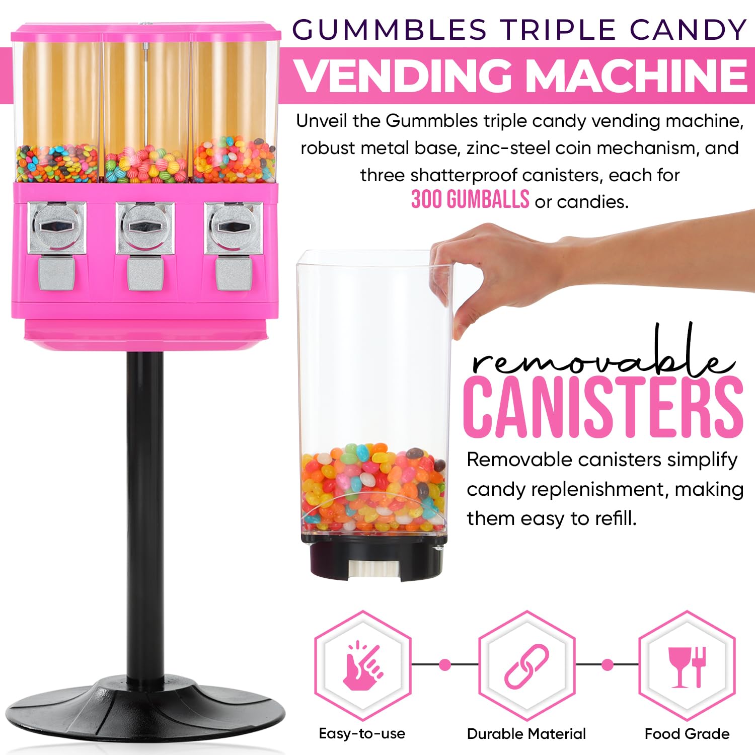 **Pink Triple Coin Operated Candy Vending Machine with Stand – Commercial & Home Use for Gumballs, Toys & Capsules – Perfect for Retail Stores, Arcades, and Home Entertainment**