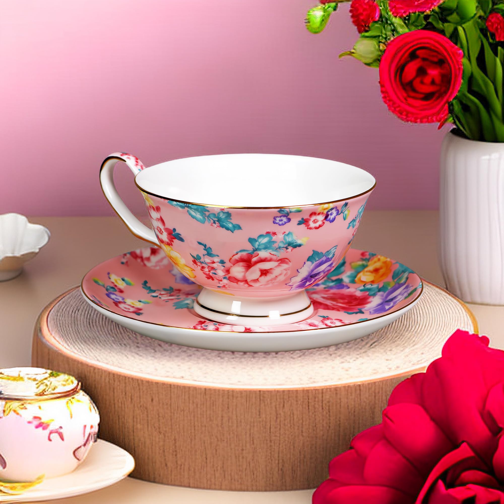 7oz Floral Bone China Tea Cup and Saucer Set - Elegant Coffee & Tea Drinking Set for Women, Perfect Gift for Mom, Friends & Tea Parties - Ideal for Afternoon Tea, Bridal Showers & Home Decor