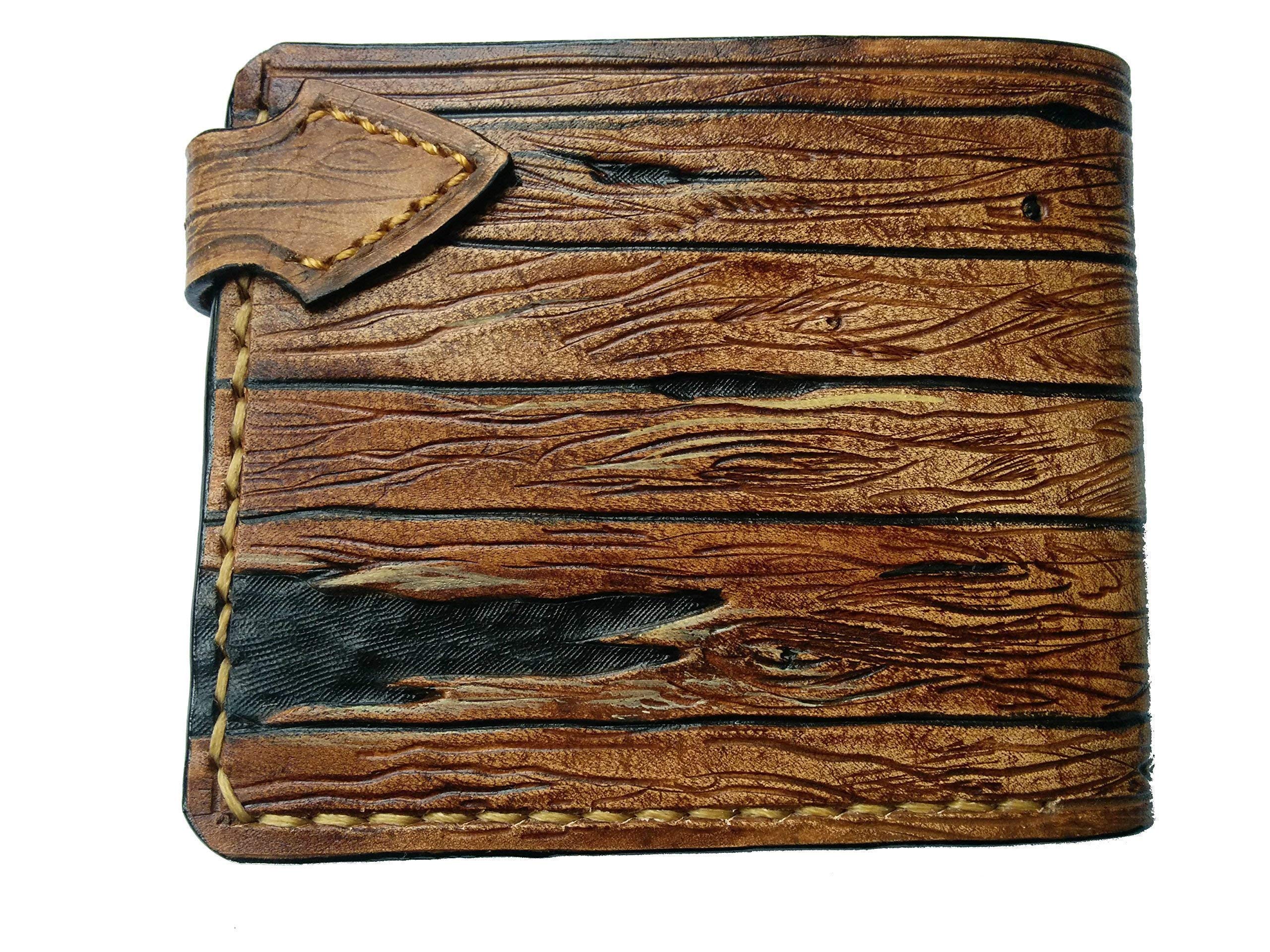 Gothic Skull & Skeleton Design Men's Leather Bifold Wallet - RFID Blocking Genuine Leather Biker Wallet with Wood Effect & Bone Embossing - Handmade Custom Airbrush Art Personalized Wallet for Motorcycle Enthusiasts & Gothic Fashion Lovers