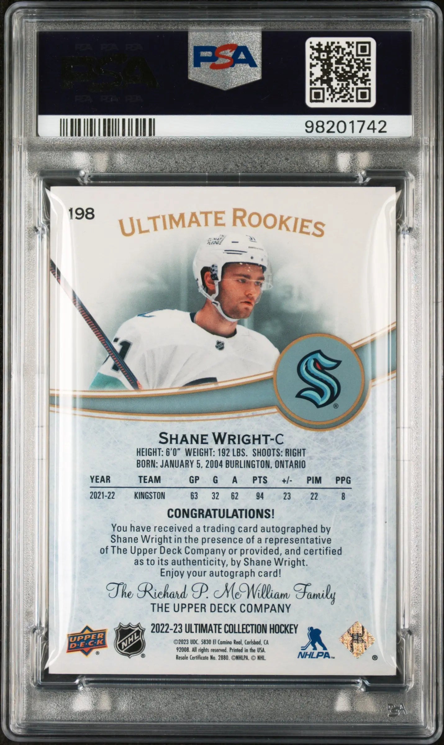 2022 Upper Deck Ultimate Collection Shane Wright Rookie Auto Hockey Card PSA 10 Gem Mint /99 - Perfect for NHL Collectors & Hockey Memorabilia Enthusiasts