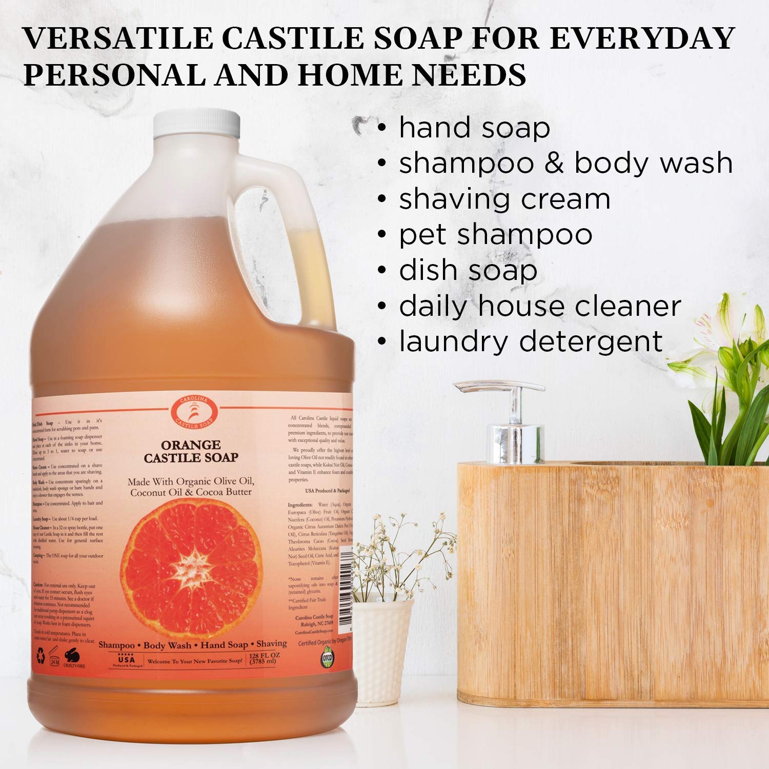 Organic Citrus Castile Soap Bundle - 2 Pack (Orange & Lemon) | 1 Gallon Olive Oil Soap with Cocoa Butter | USDA Certified | Refill Size for Body Wash, Shampoo & Household Cleaning | Eco-Friendly & Vegan Soap for Sensitive Skin | Perfect for Bath, Shower & Natural Home Care